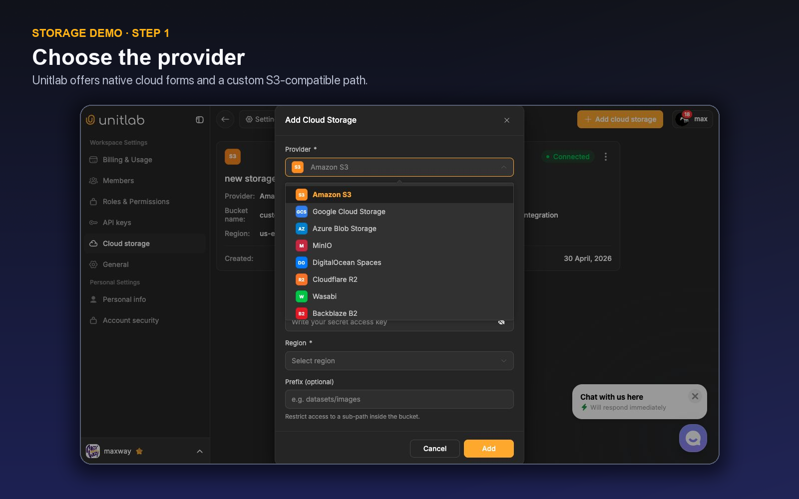 Unitlab Add Cloud Storage dialog listing nine provider options