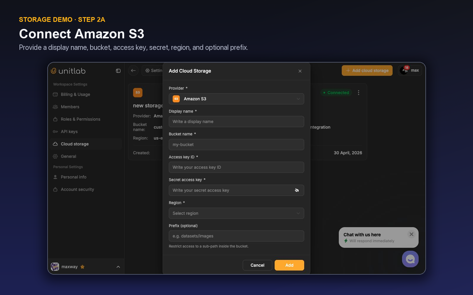Unitlab Amazon S3 connection form with display name, bucket, access keys, region, and prefix