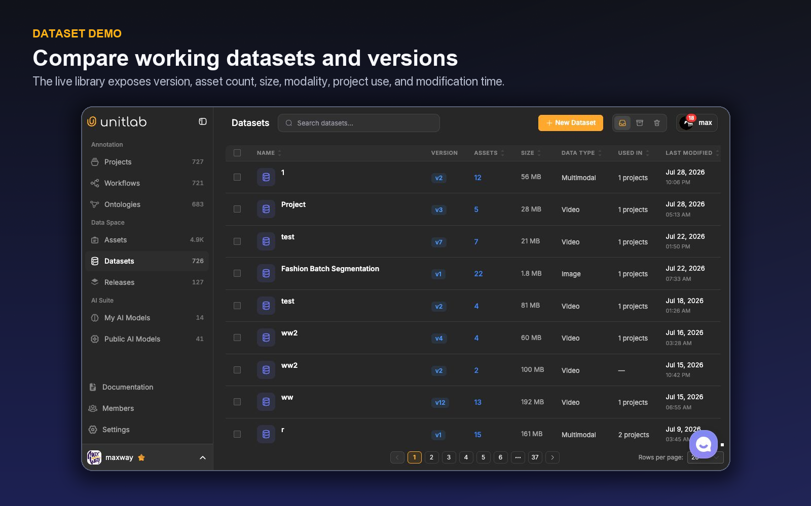 Unitlab datasets with versions, asset counts, data types, and project usage