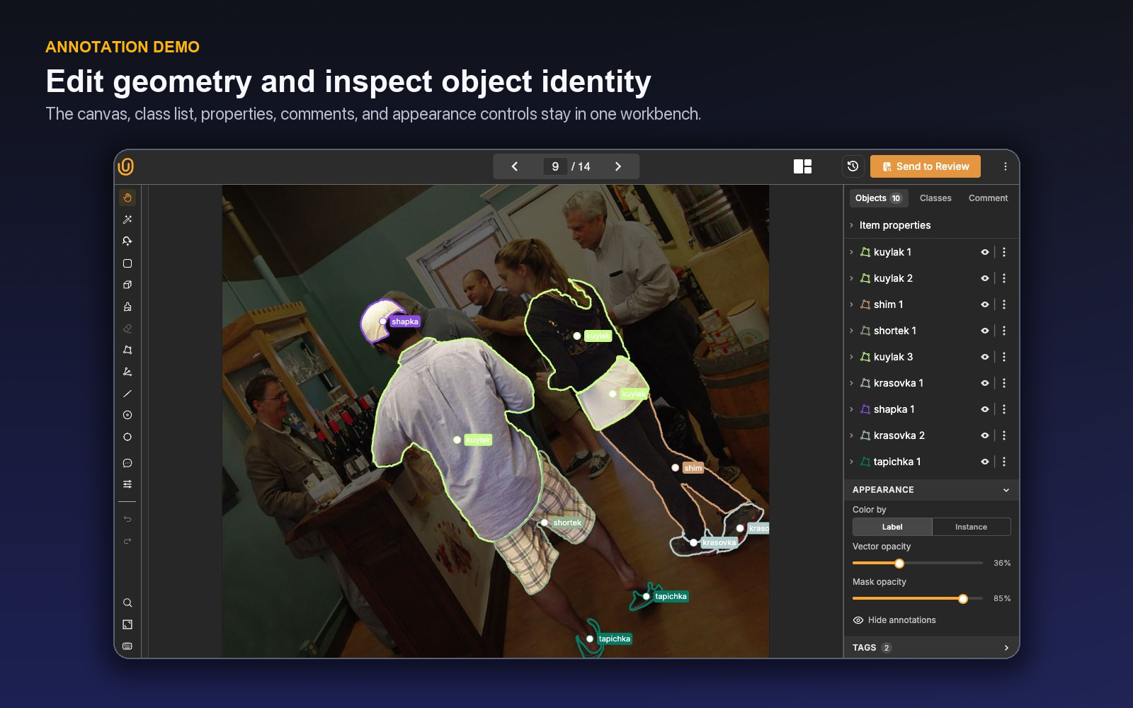 The live Unitlab image annotation workbench with spatial labels and an object inspector