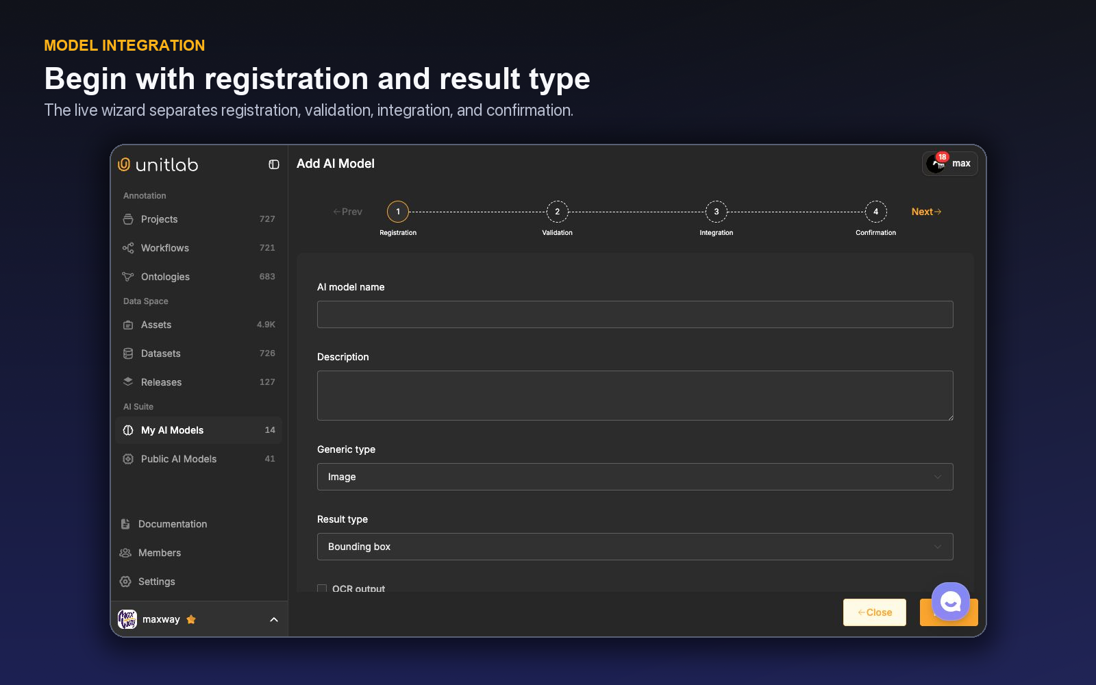 The Unitlab four-step external AI model integration wizard
