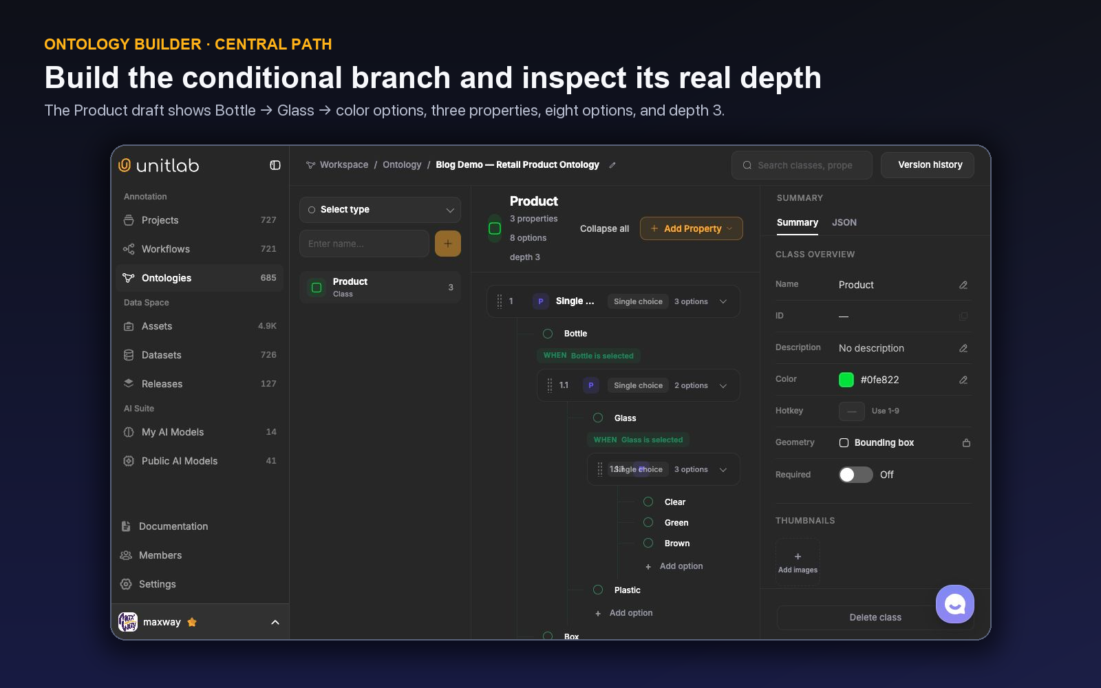 Unitlab Ontology Builder showing Product, Bottle, Glass, color options, and depth 3