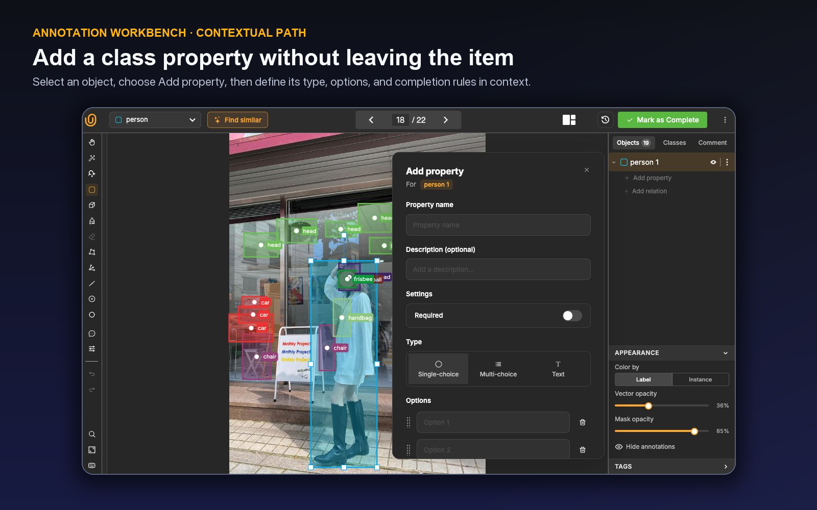 Current Unitlab Annotation Workbench with an object selected and the Add property form open