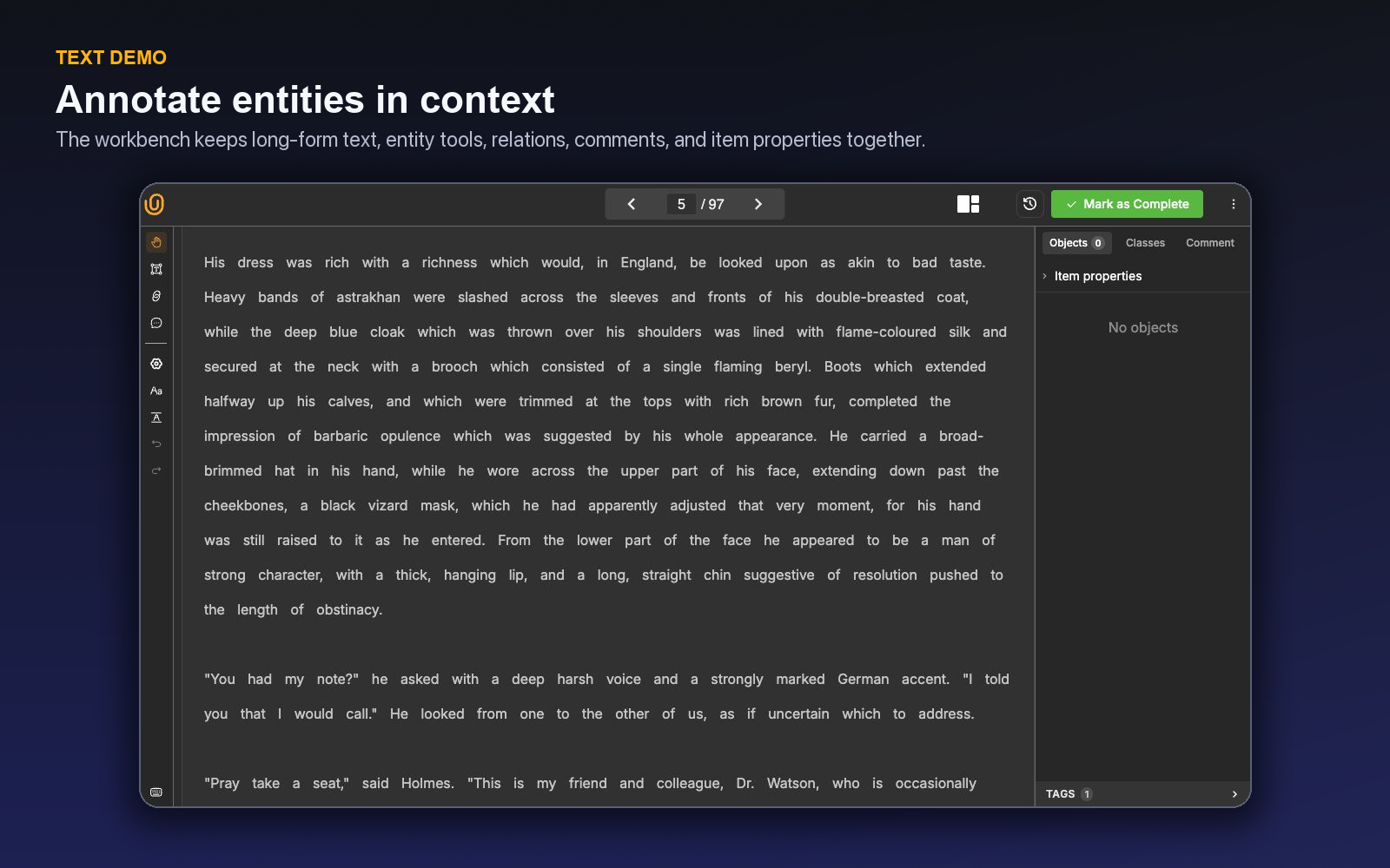 The Unitlab text annotation workbench with entity and relation tools