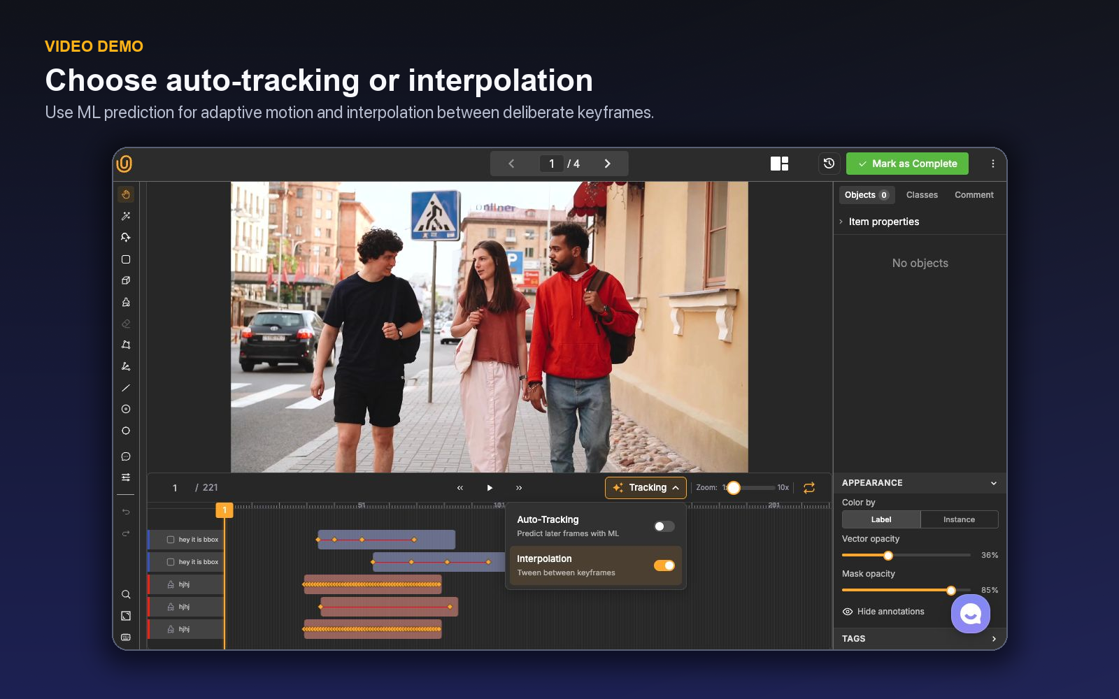 Unitlab menu showing Auto-Tracking and Interpolation options