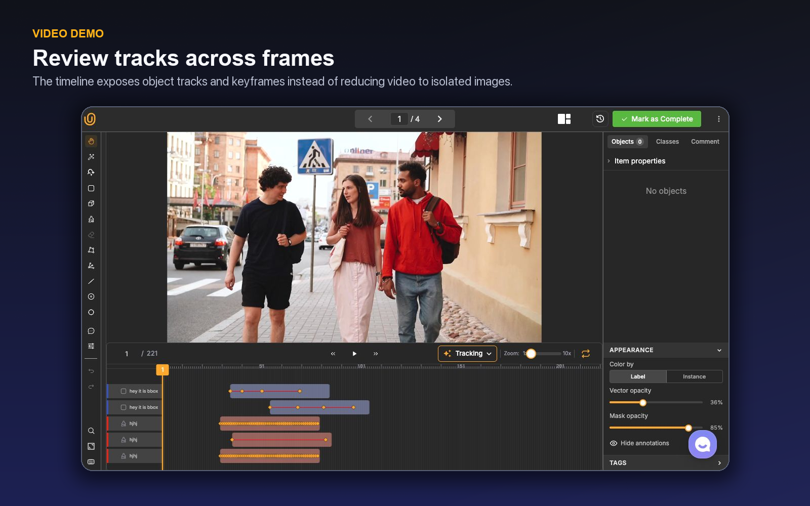 The Unitlab video annotation workbench with frame timeline and object tracks