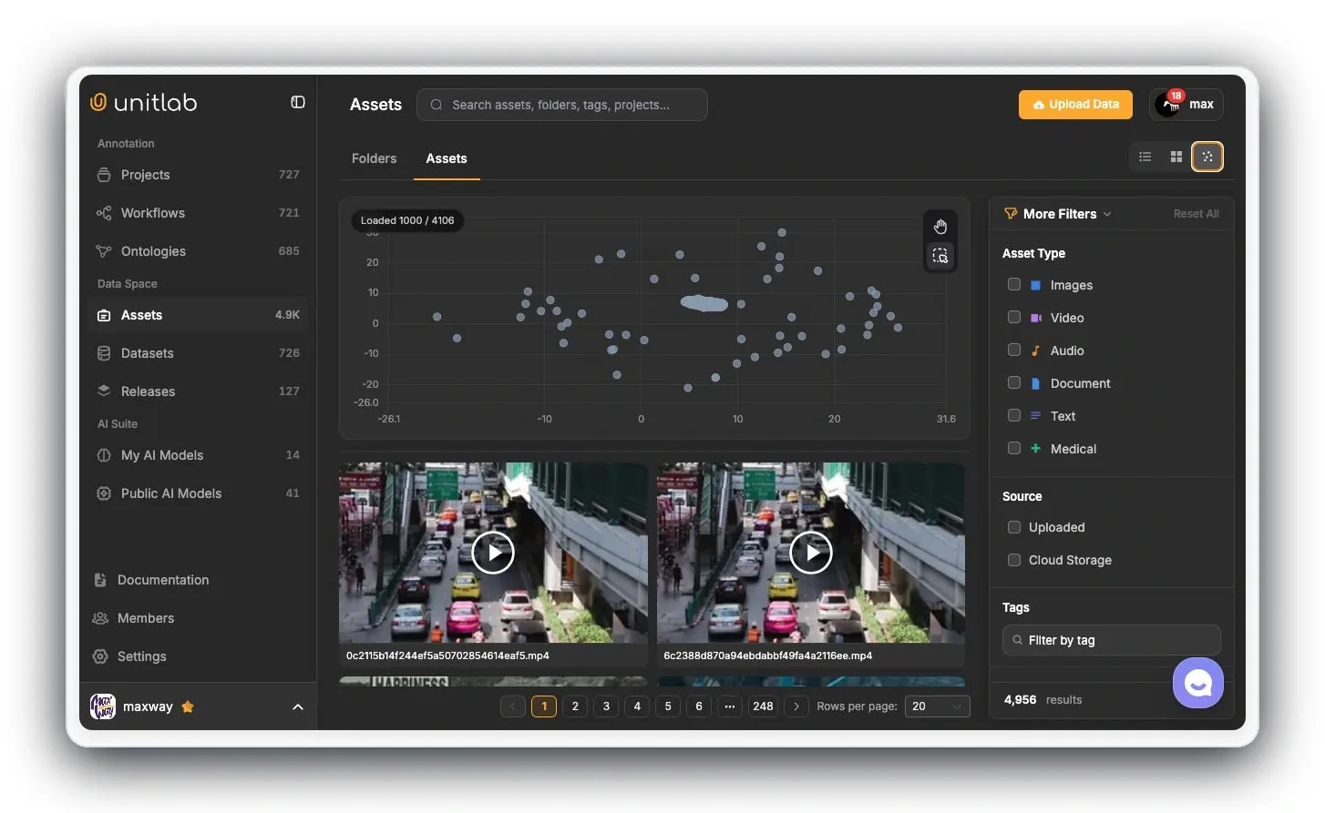Unitlab AI multimodal data curation workspace with embeddings and filters