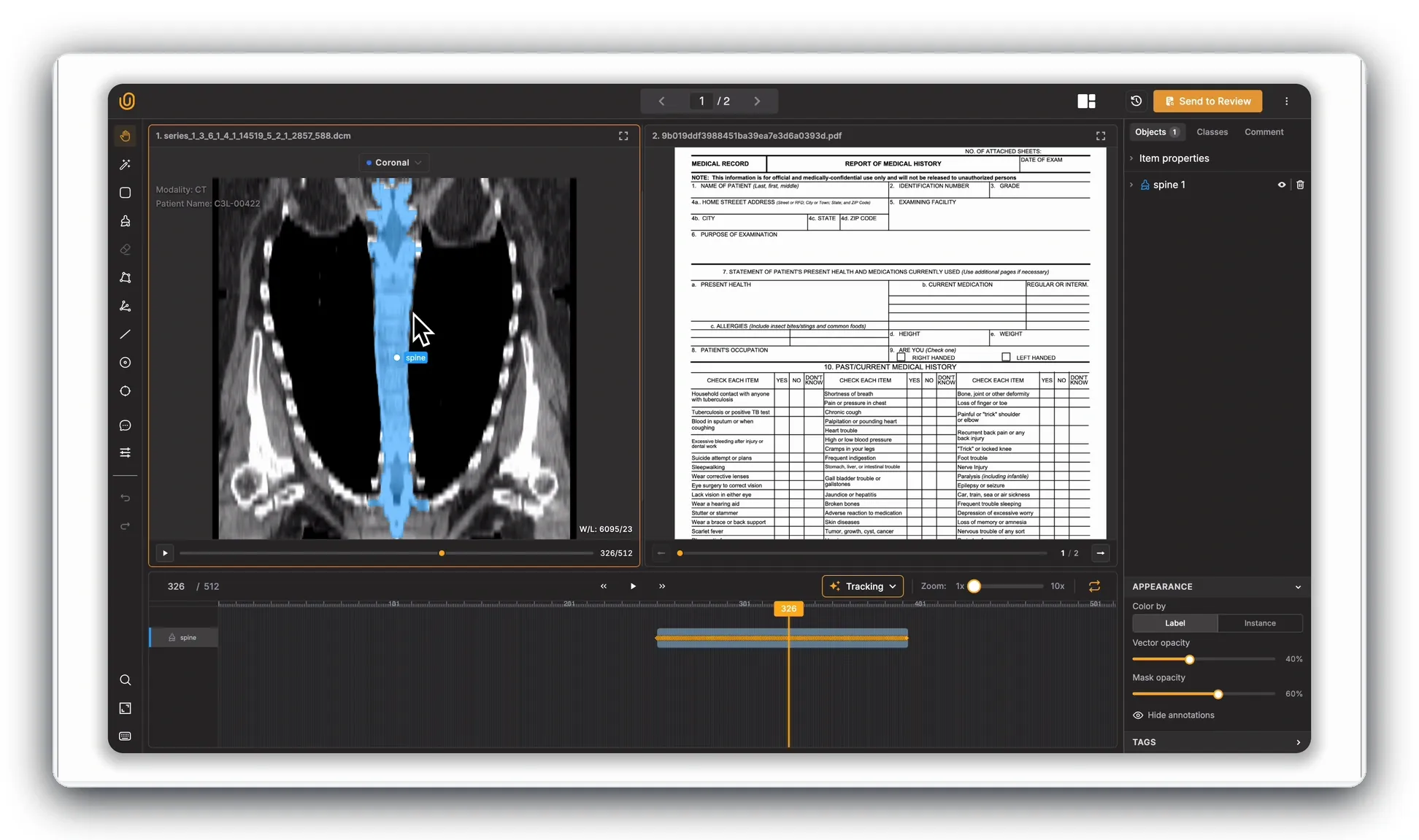 Unitlab AI multimodal medical annotation workbench with DICOM, clinical document, segmentation, and timeline