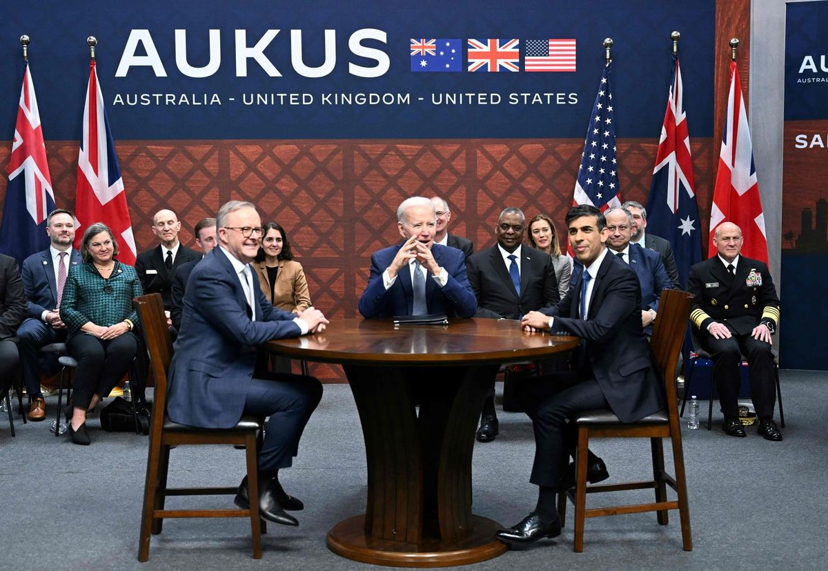 From left, Anthony Albanese, Joe Biden and Rishi Sunak during the Aukus summit in San Diego on Monday 13 March 2023 (AFP/Getty)