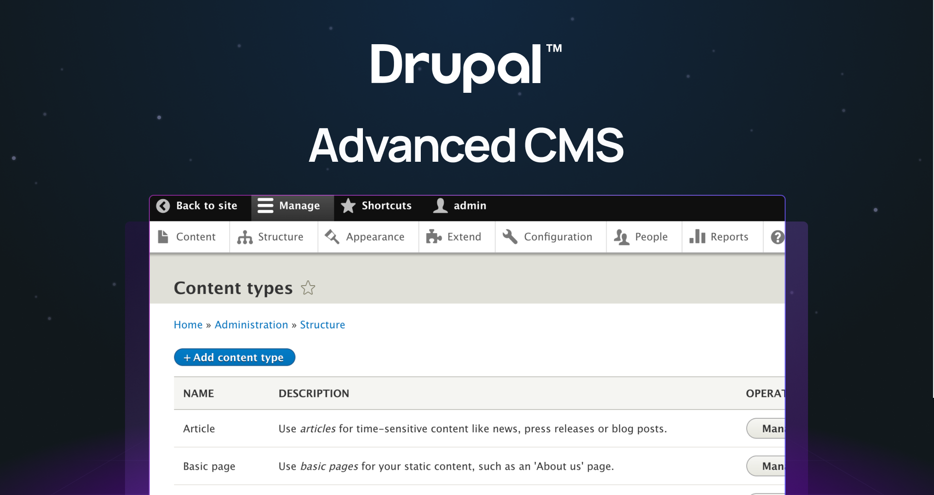 "Drupal advanced cms" with screen of the drupal content type editor