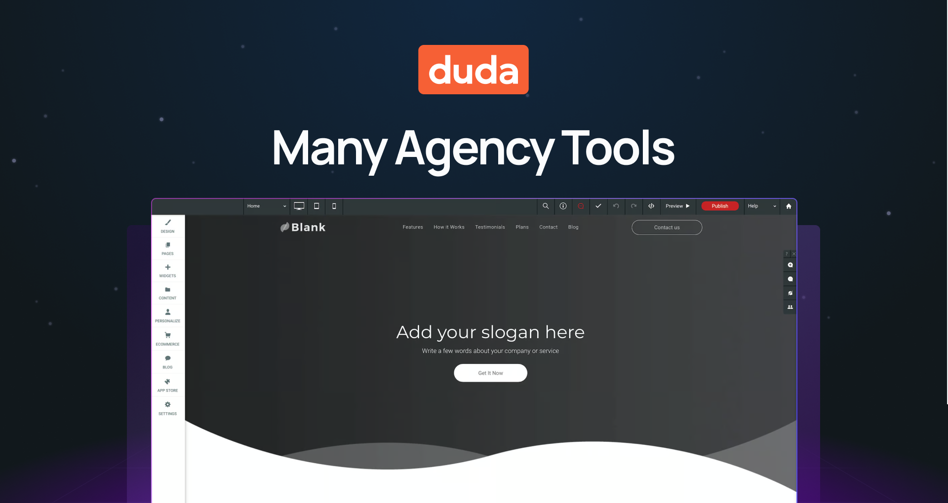 "Duda many agency tools" with screenshot of the Duda editor