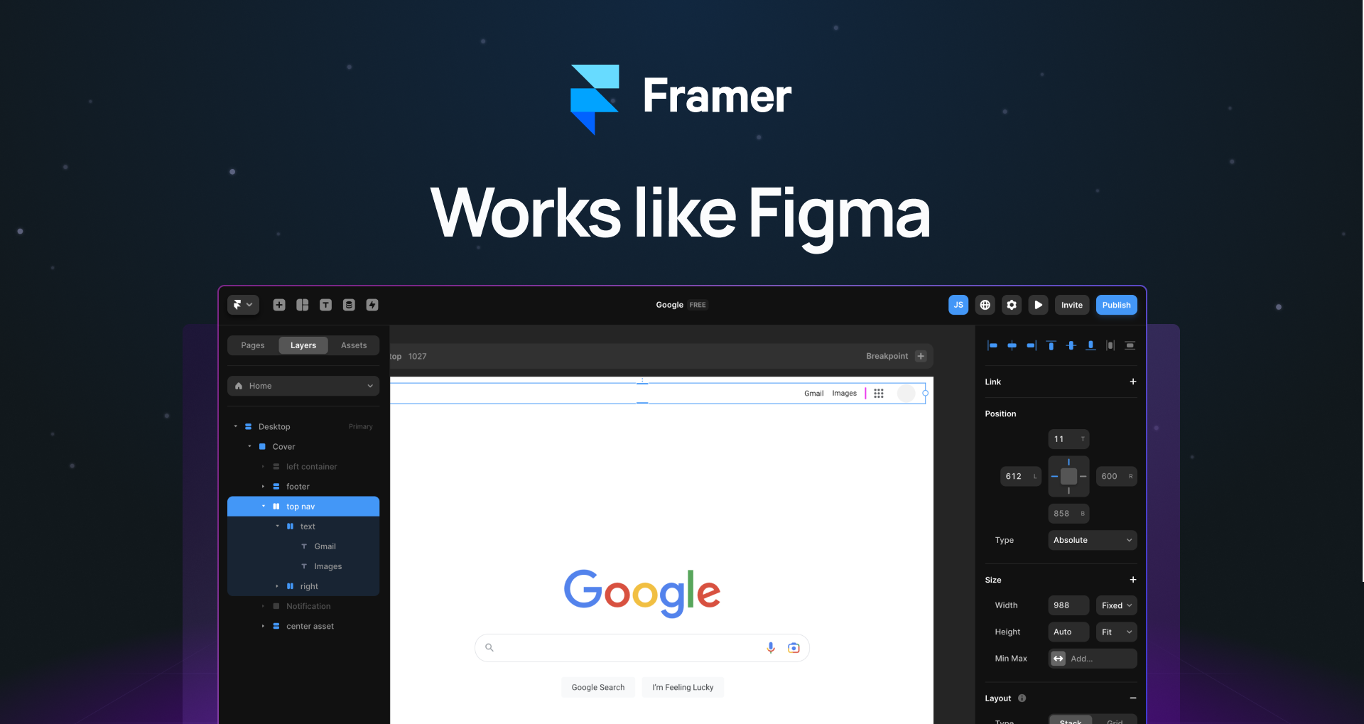 "Framer works like figma" with screenshot of the Figma canvas