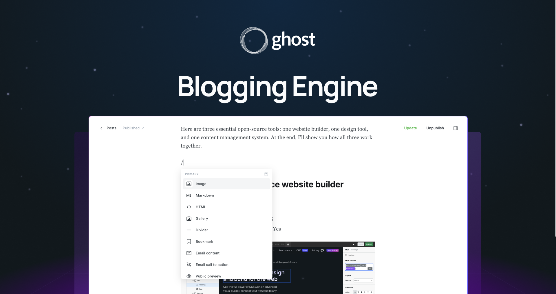 "Ghost blogging engine" with screenshot of the post editor