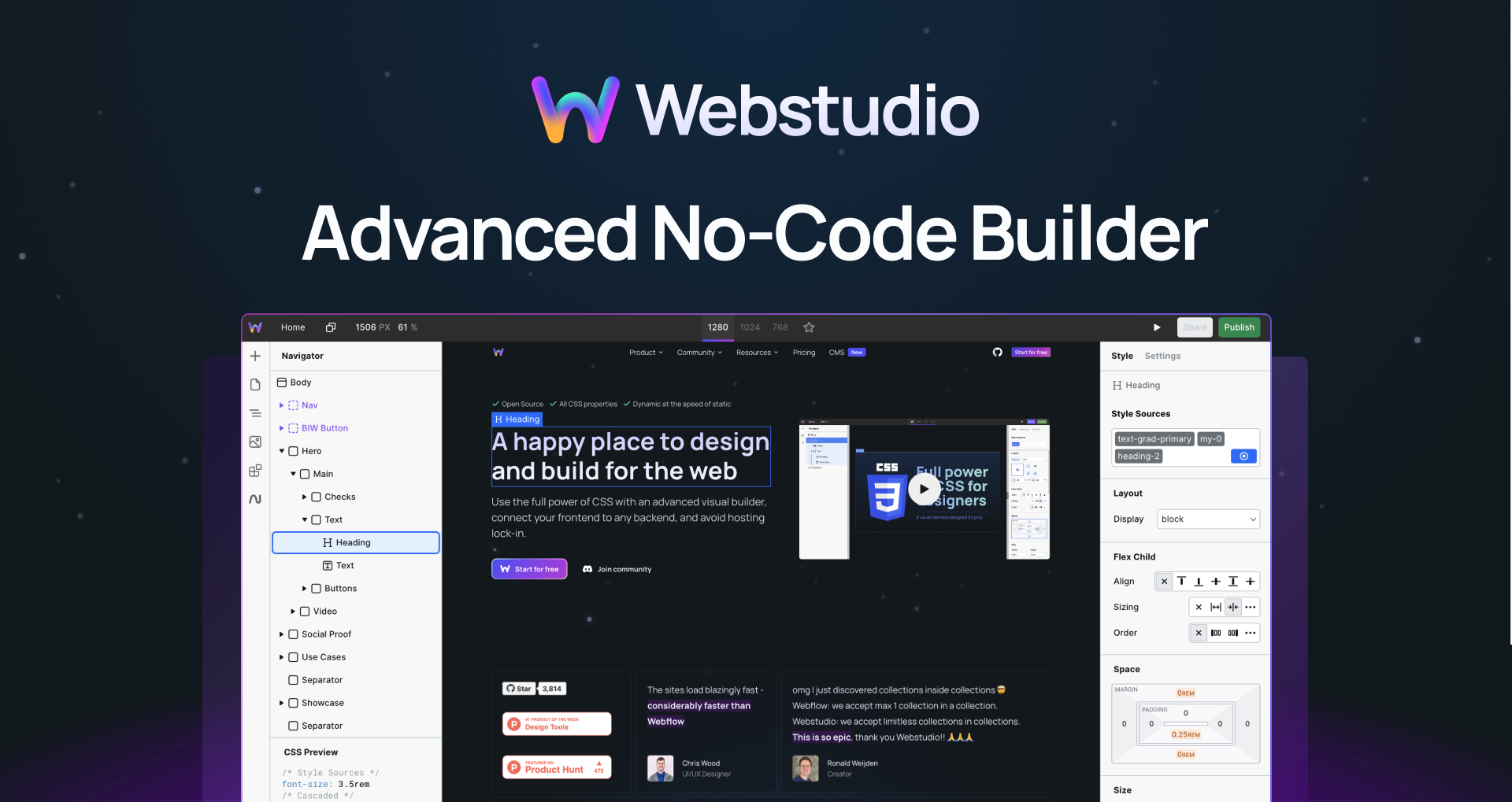 "Webstudio advanced no-code builder" with screenshot of the website builder