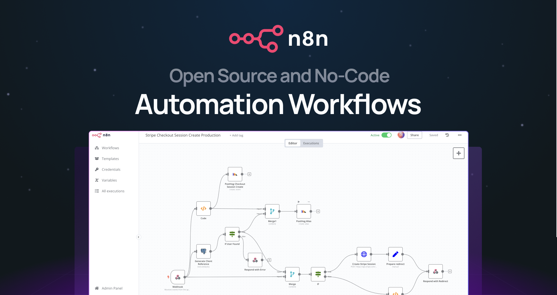 "Open source and no-code automation" with screenshot our n8n automation that handles checkouts
