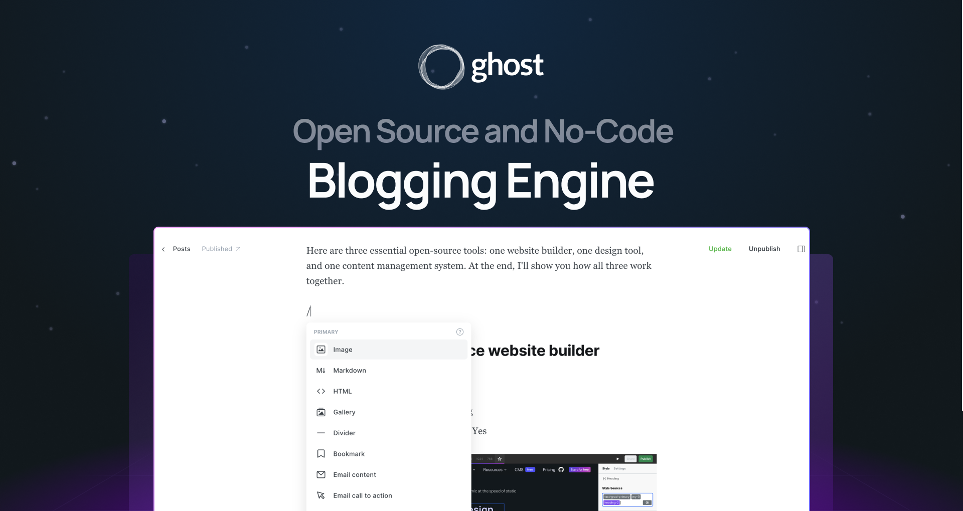 "Open source and no-code blogging engine" with screenshot of one of our posts being edited