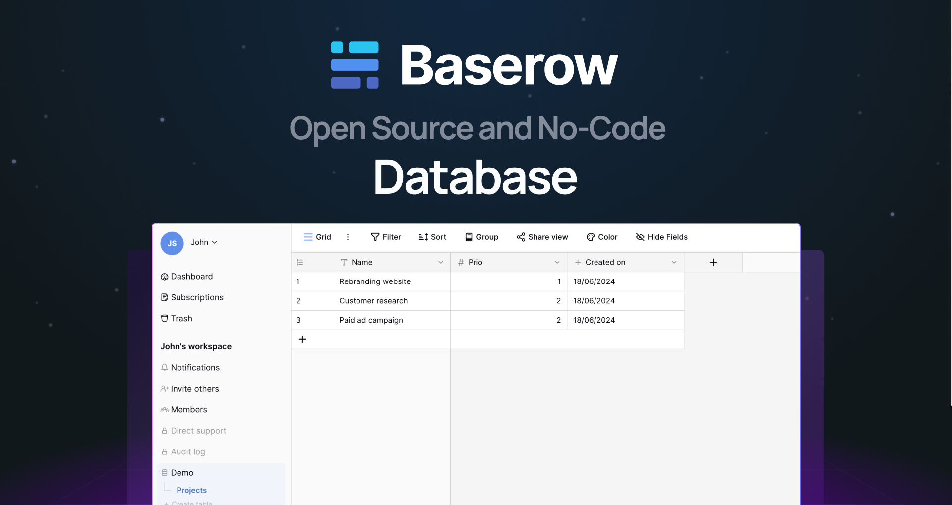 "Open source and no-code database" with screenshot of Baserow dashboard