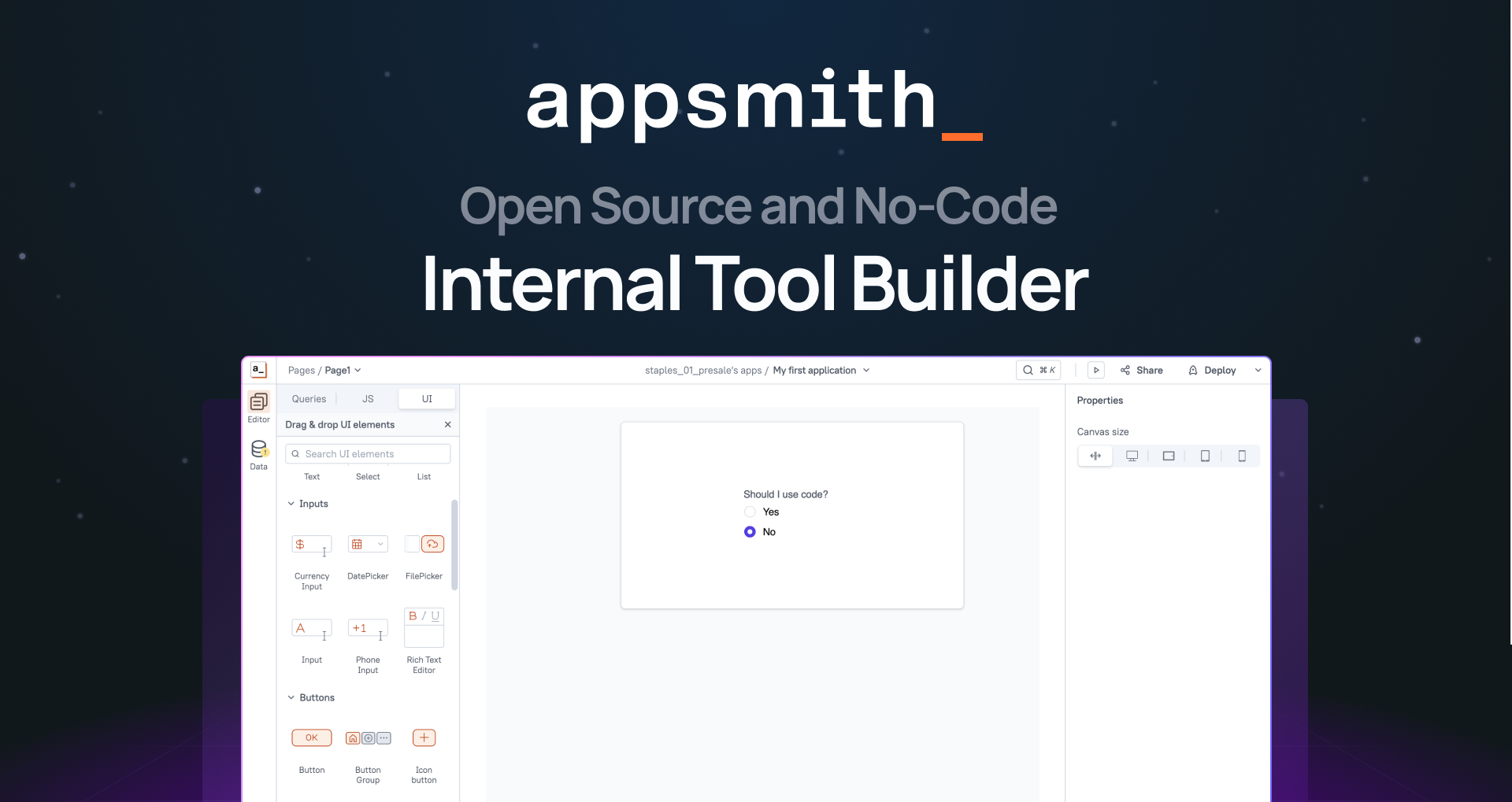 "Open source and no-code internal tool builder" with screenshot of Appsmith app builder