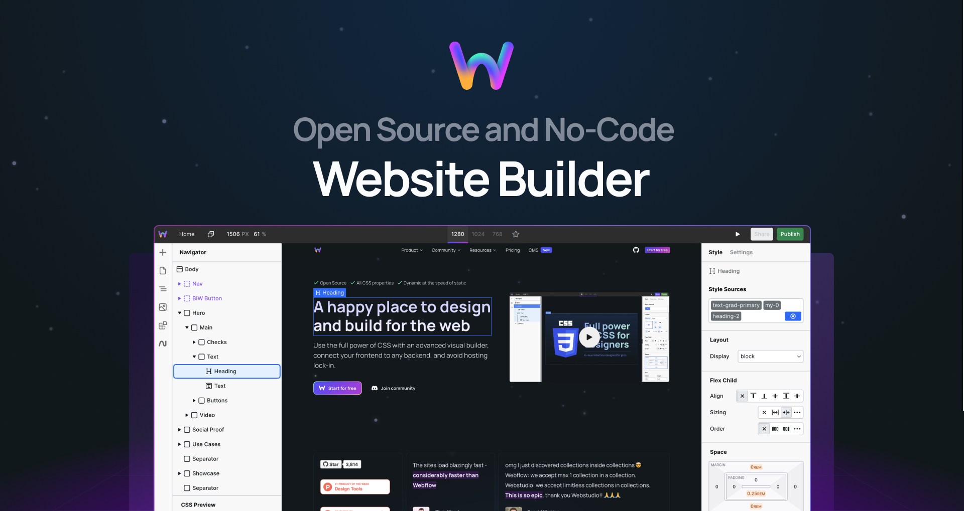 "Open source and no-code website builder" with screenshot of Webstudio's editor for our homepage