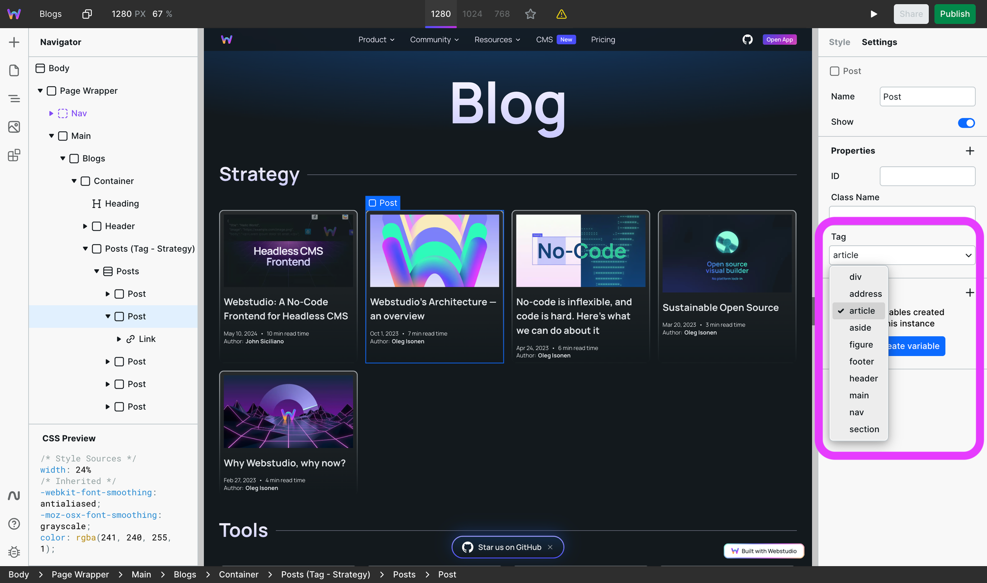 Tag dropdown with article selected