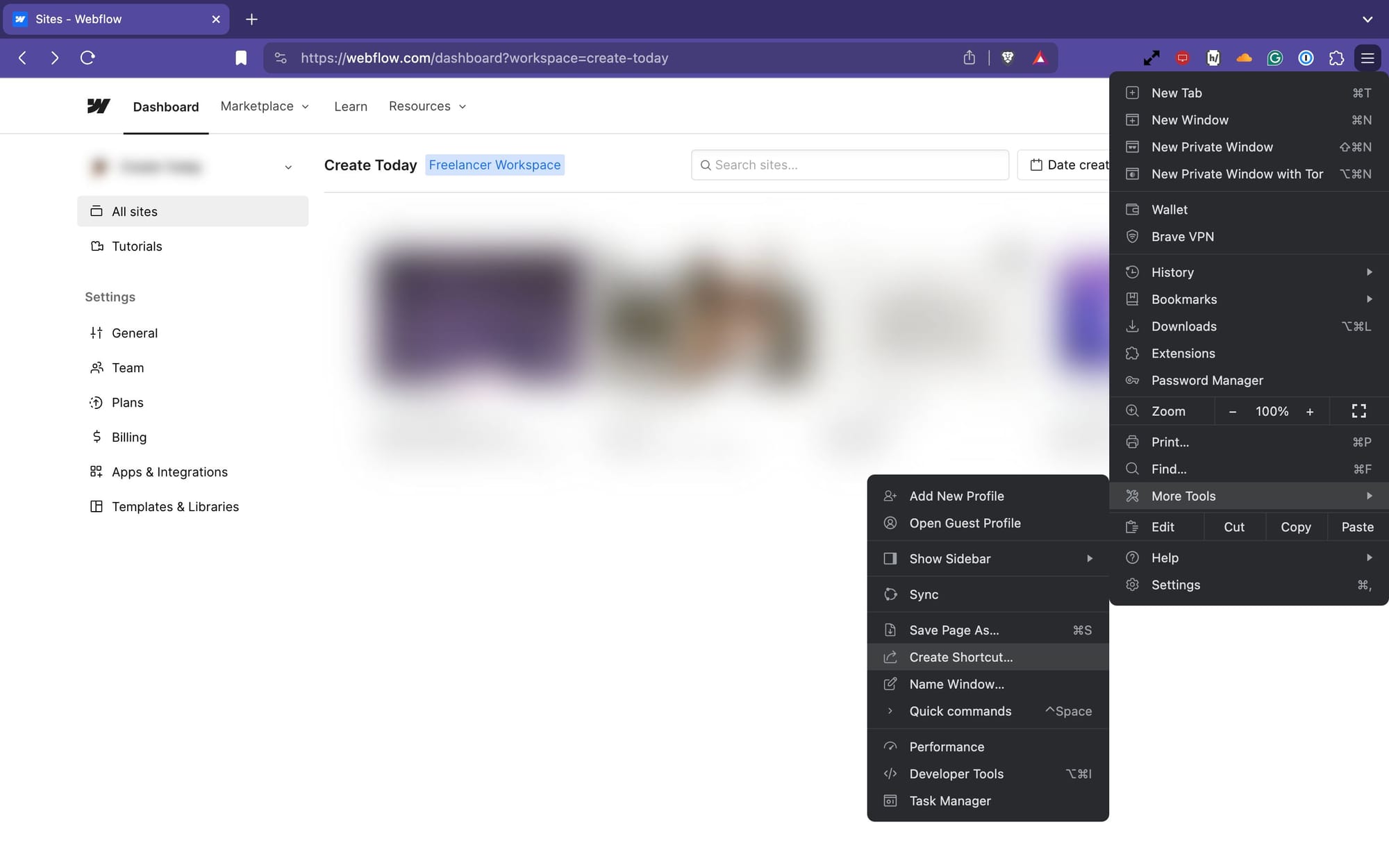 Menu for creating a shortcut in Chrome on Webflow