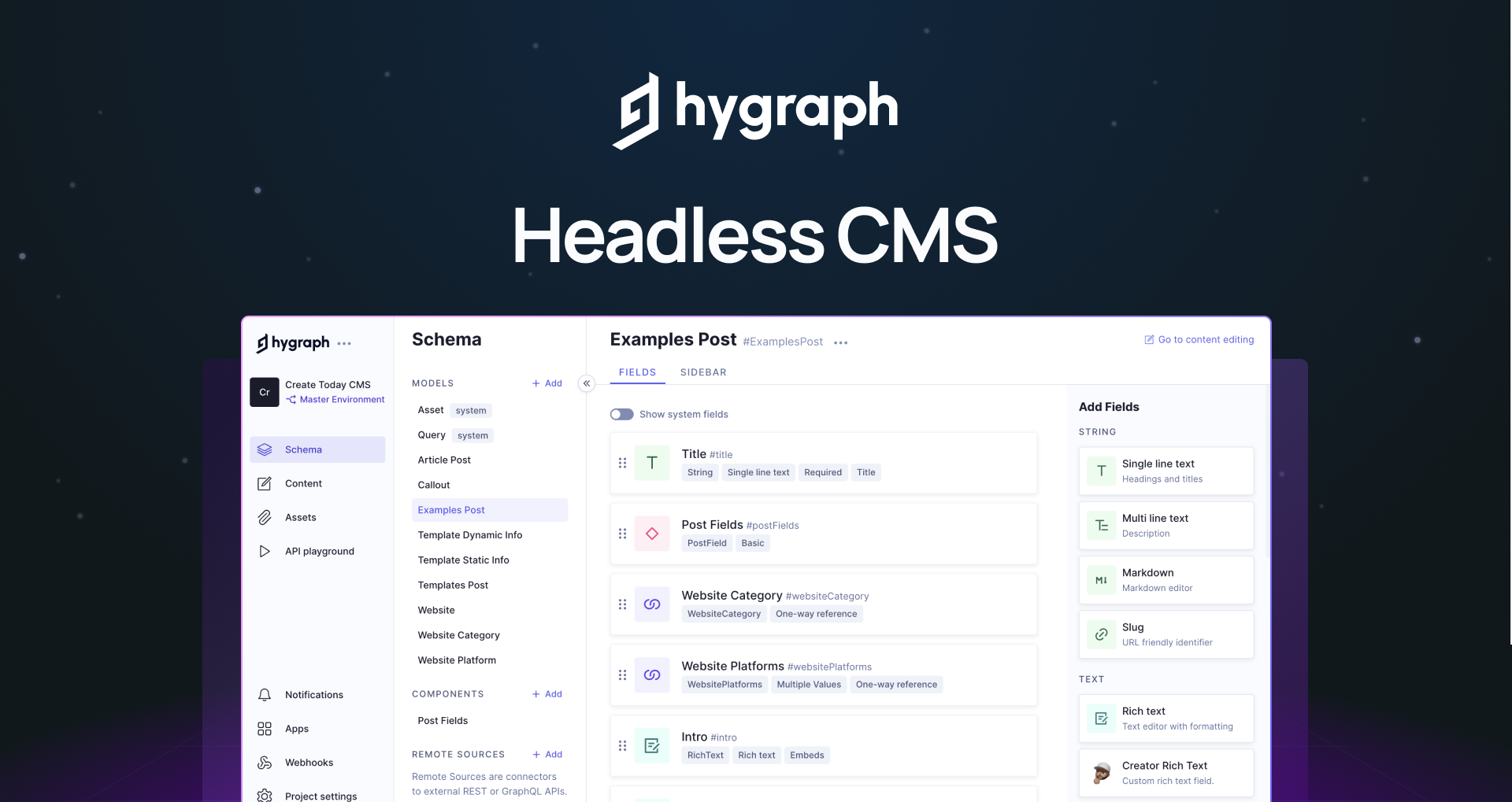 "Hygraph headless CMS" with screenshot of the model builder