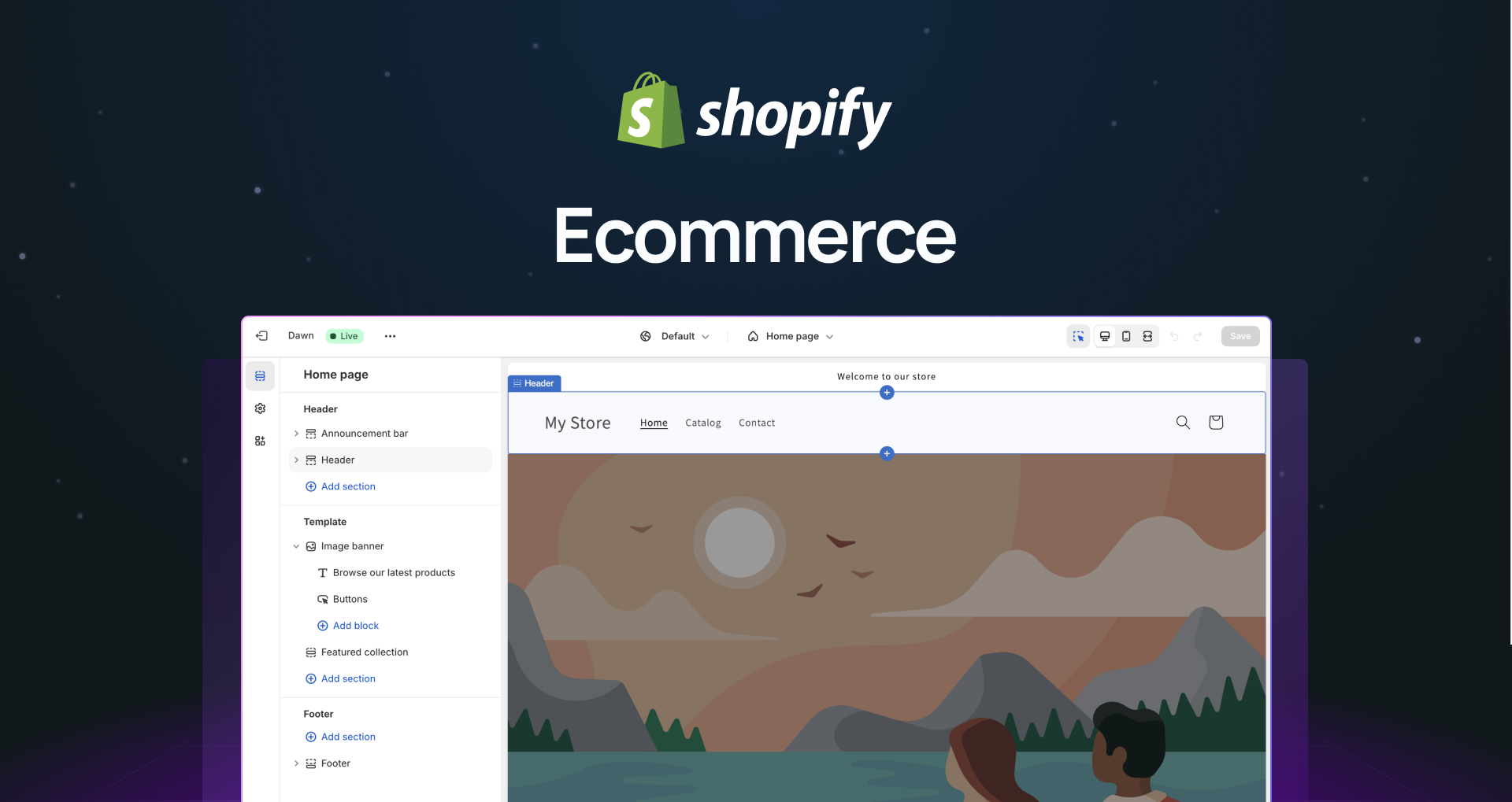 "Shopify e-commerce" with screenshot of the online store editor