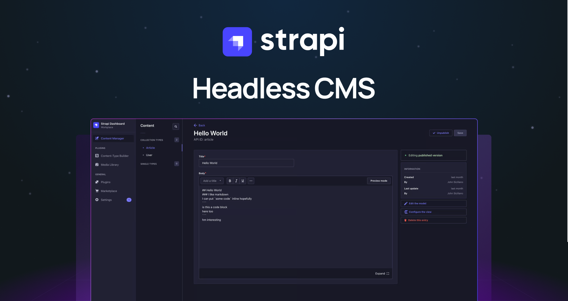 "Strapi headless CMS" with screenshot of the model builder