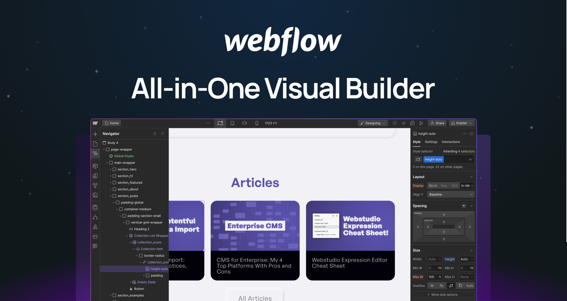 "Webflow all-in-one visual builder" with screenshot of the Webflow editor