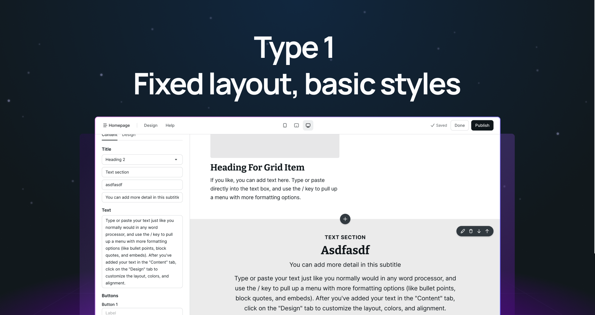 "Type 1 fixed layout, basic styles" and screenshot of a type 1 website builder