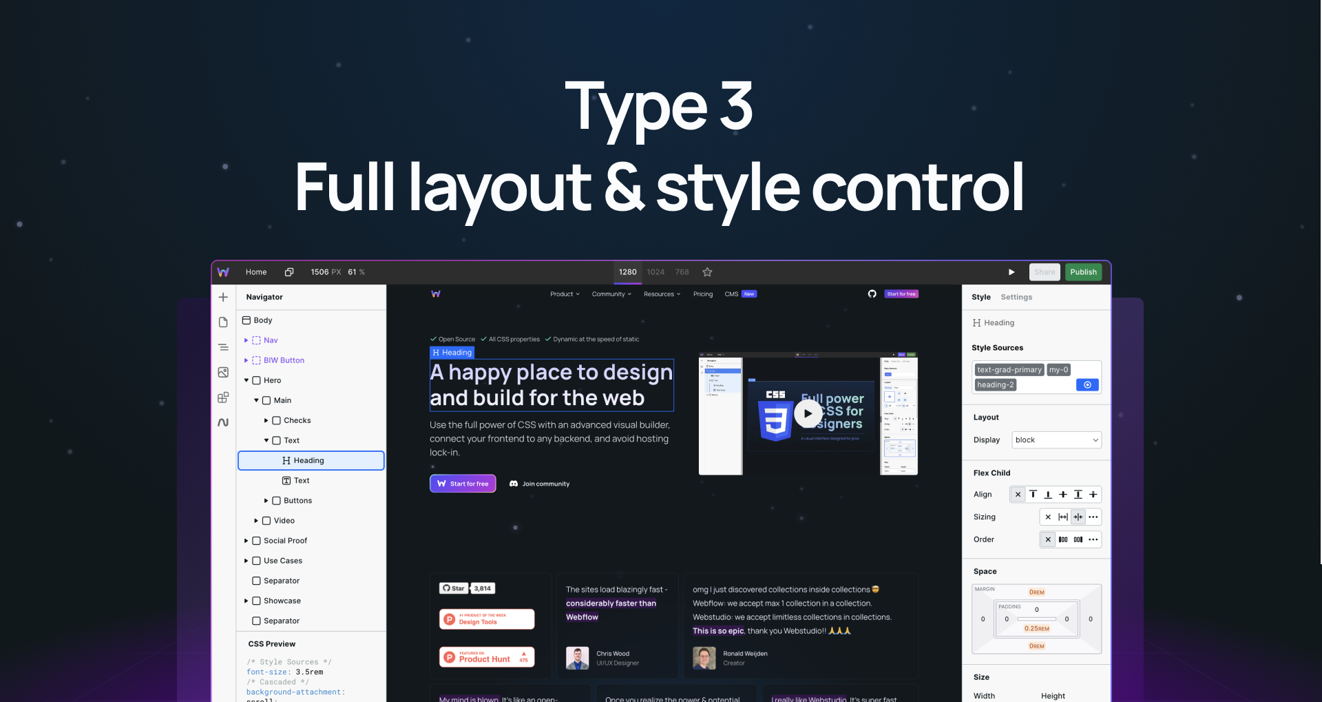 "Type 3 Full layout & style control" and screenshot of a type 3 website builder