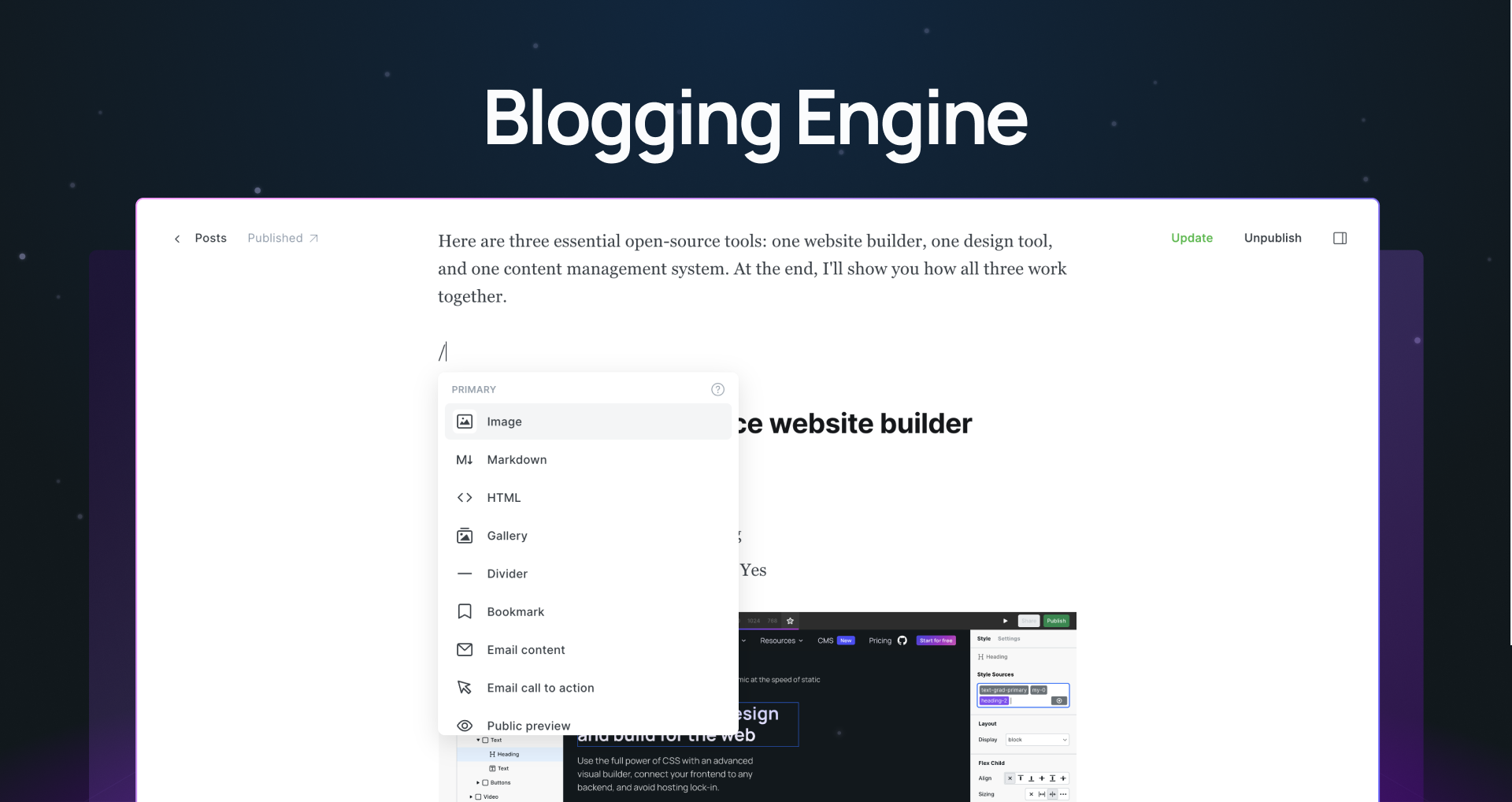 "Blogging engine" with screenshot of Ghost
