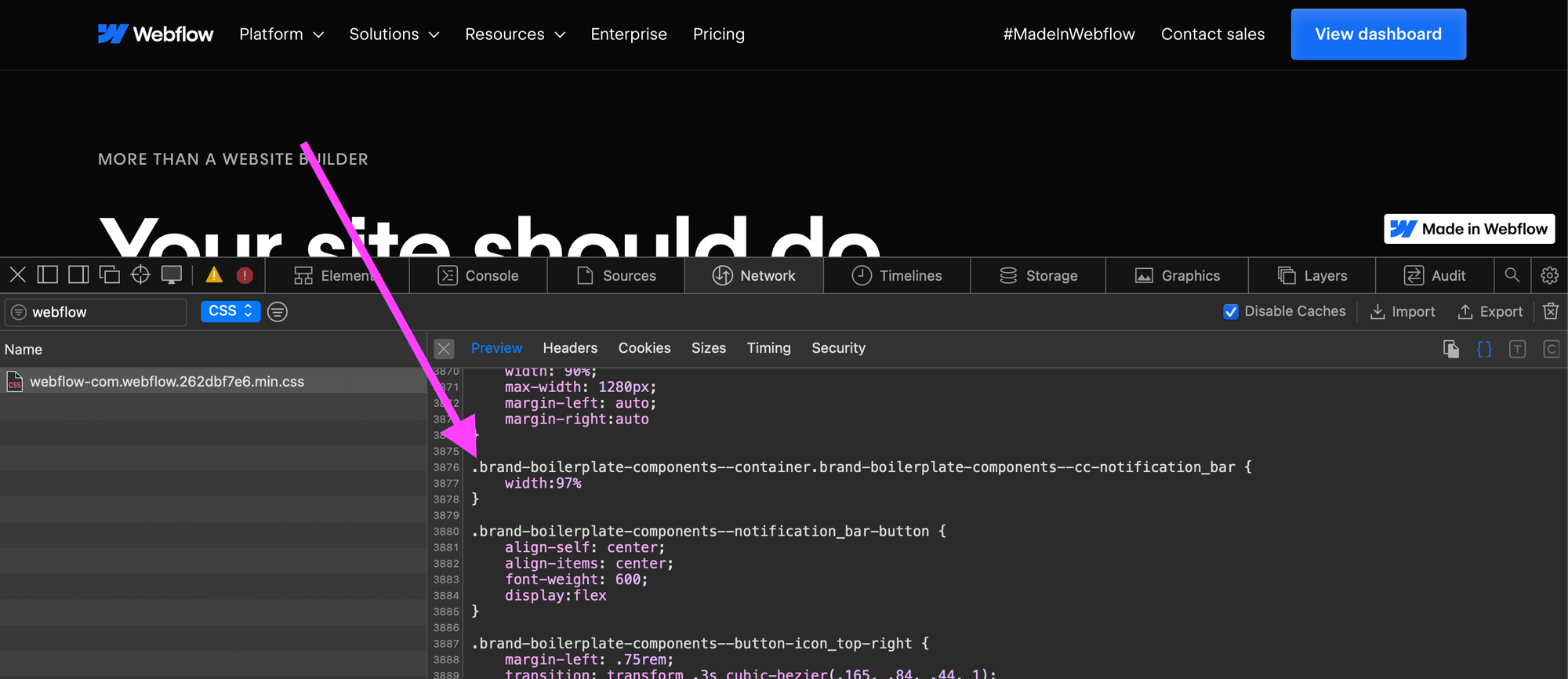 screenshot of the long class names in Webflow