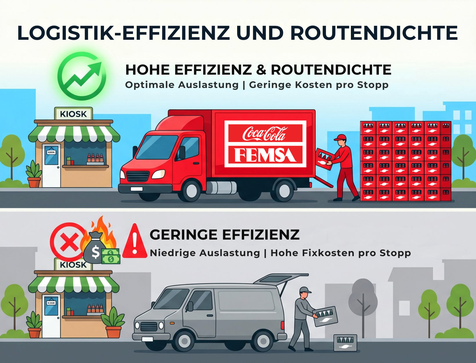 Logistik Burggraben und Skaleneffekte durch hohe Routendichte bei Coca-Cola FEMSA in Lateinamerika.
