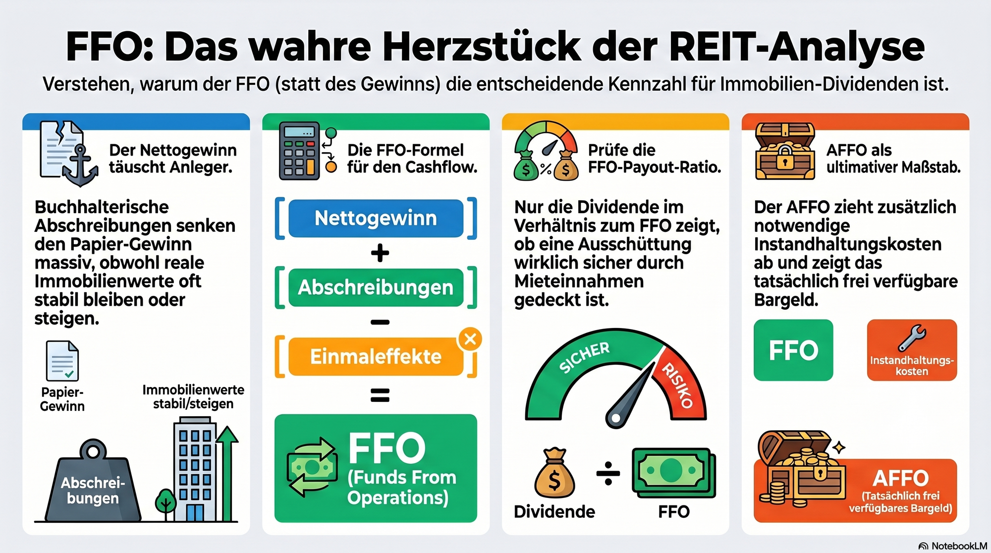Infografik zur Berechnung des Funds From Operations (FFO) und Adjusted Funds From Operations (AFFO), die zeigen, warum klassische Gewinne bei REITs täuschen und der AFFO der wichtigste Maßstab für Dividendensicherheit ist.