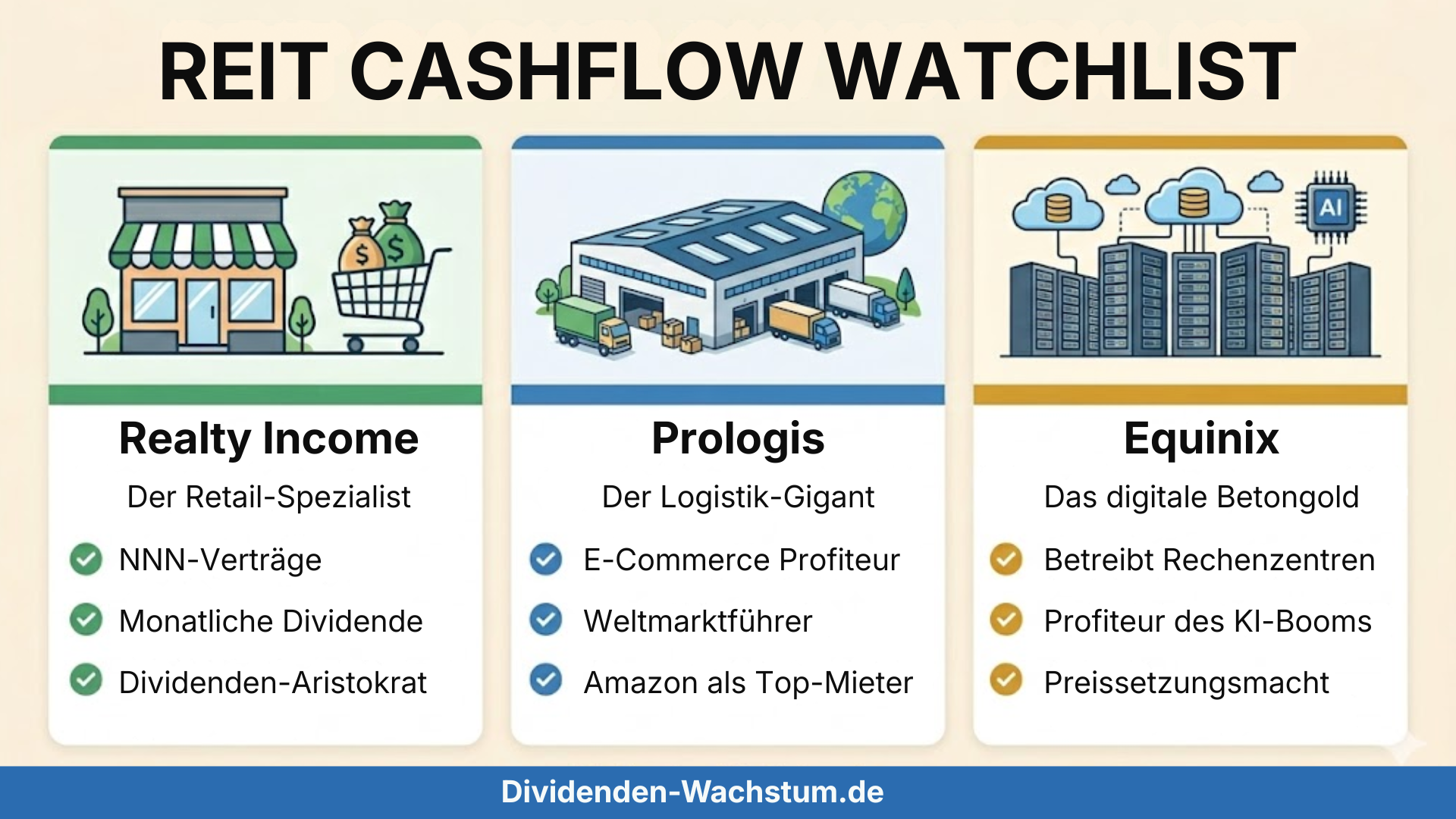 REIT Cashflow Watchlist: Kurze Vorstellung von drei fundamental starken Immobilien-Aktien mit ihren Vorzügen – Realty Income (Retail), Prologis (Logistik) und Equinix (Rechenzentren).