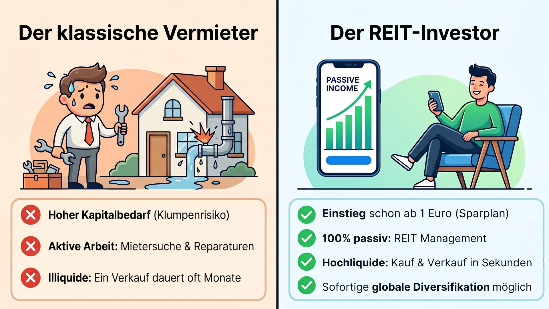 Infografik: Gegenüberstellung eines gestressten klassischen Vermieters mit hohem Aufwand und Klumpenrisiko gegenüber einem entspannten REIT-Investor, der passiv und global diversifiziert investiert.