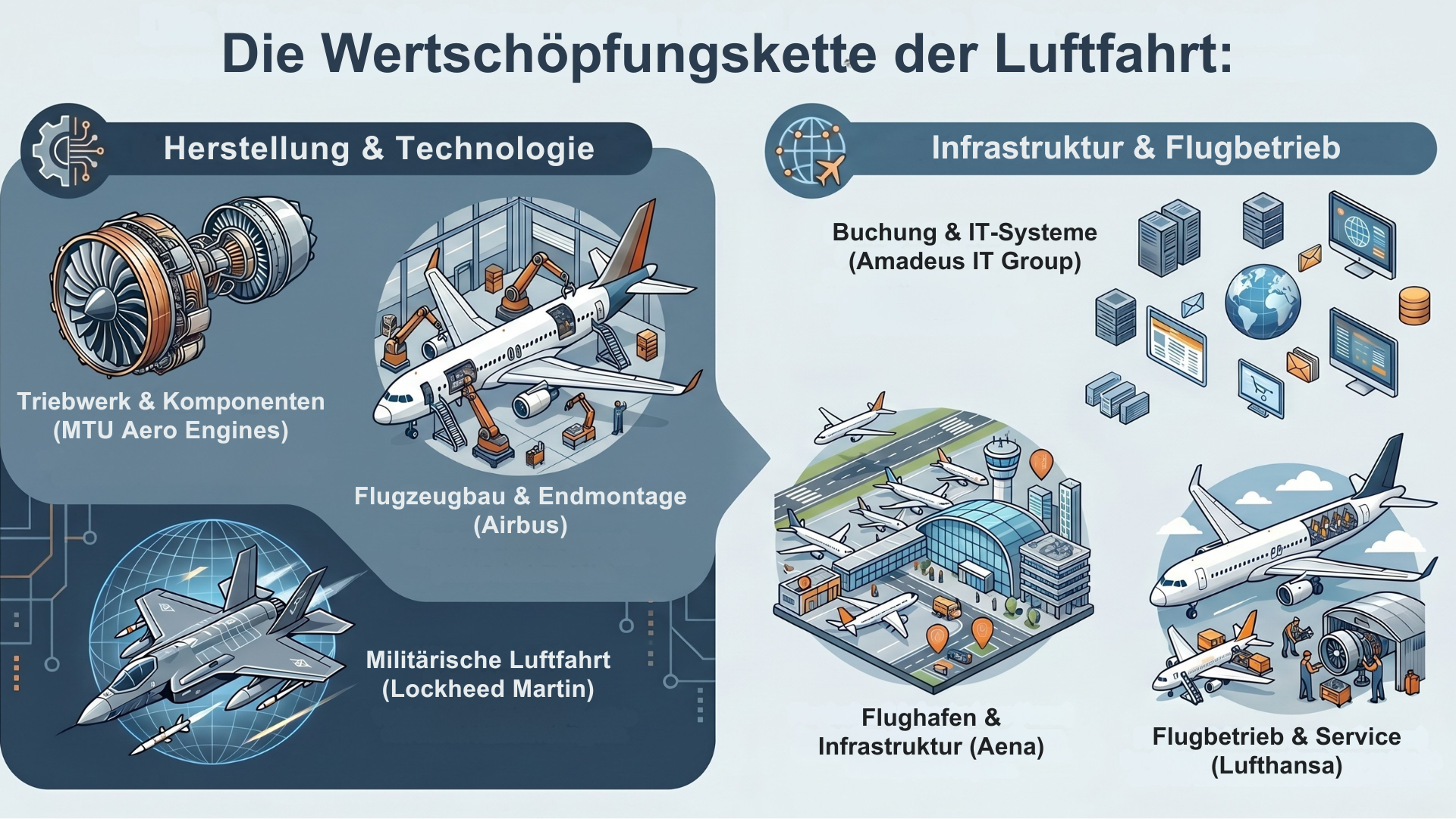 Infografik zur Wertschöpfungskette der Luftfahrt, unterteilt in zwei Bereiche. Links "Herstellung & Technologie" mit Illustrationen zu Triebwerken (MTU Aero Engines), Flugzeugbau (Airbus) und militärischer Luftfahrt (Lockheed Martin). Rechts "Infrastruktur & Flugbetrieb" mit IT-Buchungssystemen (Amadeus IT Group), Flughafen-Infrastruktur (Aena) und dem eigentlichen Flugbetrieb (Lufthansa).