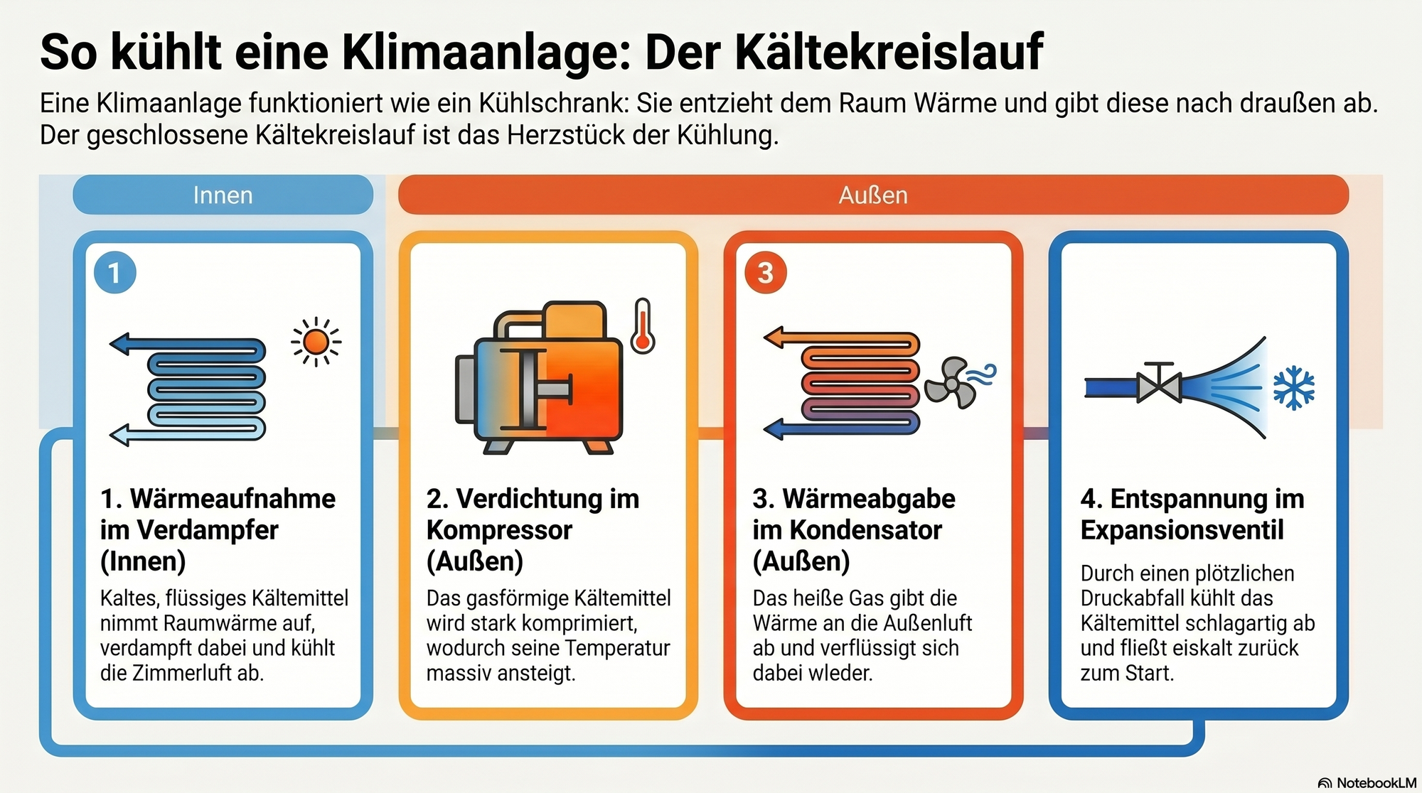 Infografik zum thermodynamischen Kältekreislauf einer Klimaanlage. Die Darstellung zeigt die vier Hauptkomponenten Verdampfer, Kompressor, Kondensator und Expansionsventil sowie den ständigen Wechsel des Kältemittels zwischen flüssigem und gasförmigem Zustand unter Hoch- und Niederdruck.