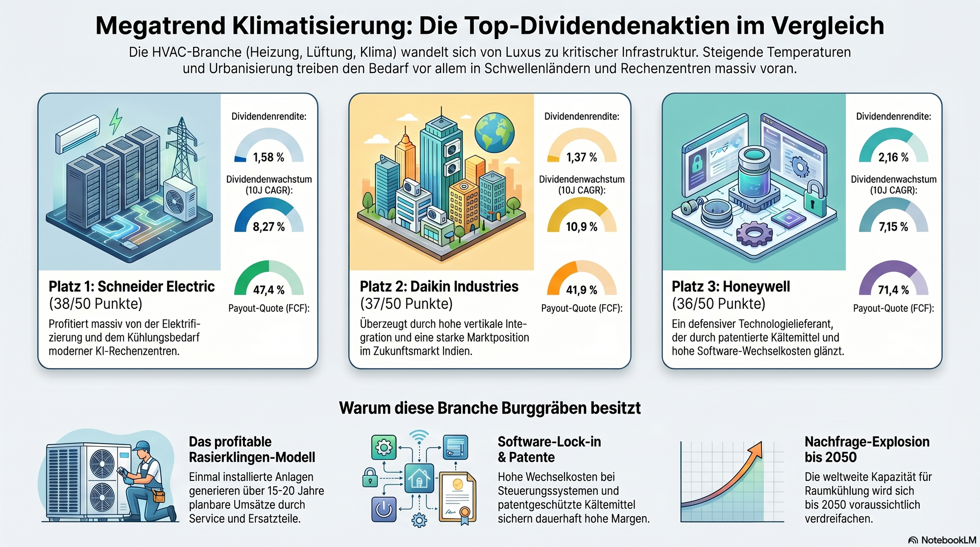 Infografik zu den Makro-Treibern des Megatrends Klimatisierung. Die Darstellung visualisiert die Hauptfaktoren für das strukturelle Branchenwachstum: die globale Erwärmung, die zunehmende Urbanisierung und der Aufstieg der Mittelschicht im globalen Süden (insbesondere Indien) sowie der extrem hohe, stetige Kühlbedarf moderner KI-Rechenzentren.