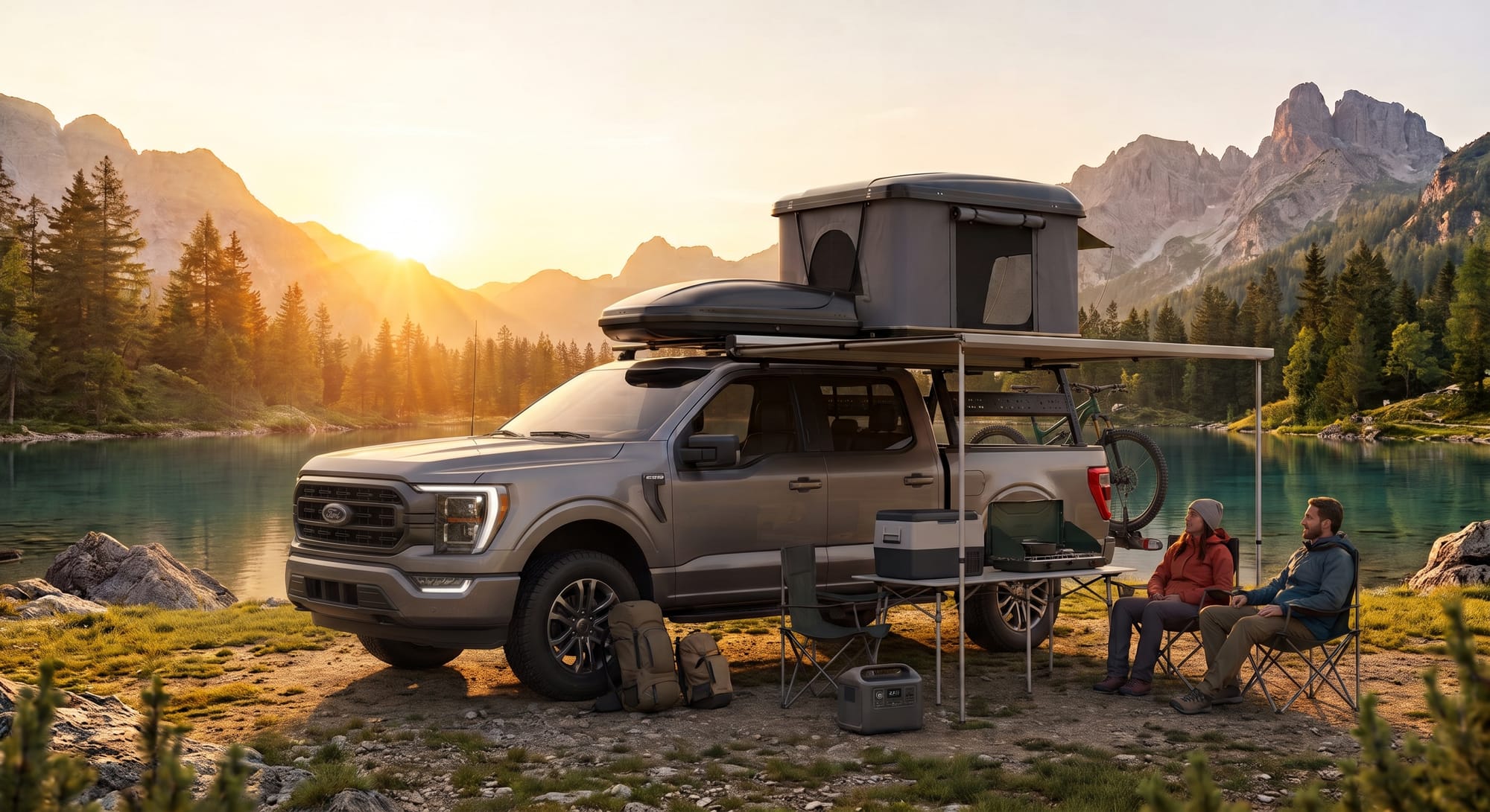 Pick-up mit Dachzelt, Dachbox und Markise an einem Bergsee, davor ein Paar auf Campingstühlen mit Kühlbox und Ausrüstung.