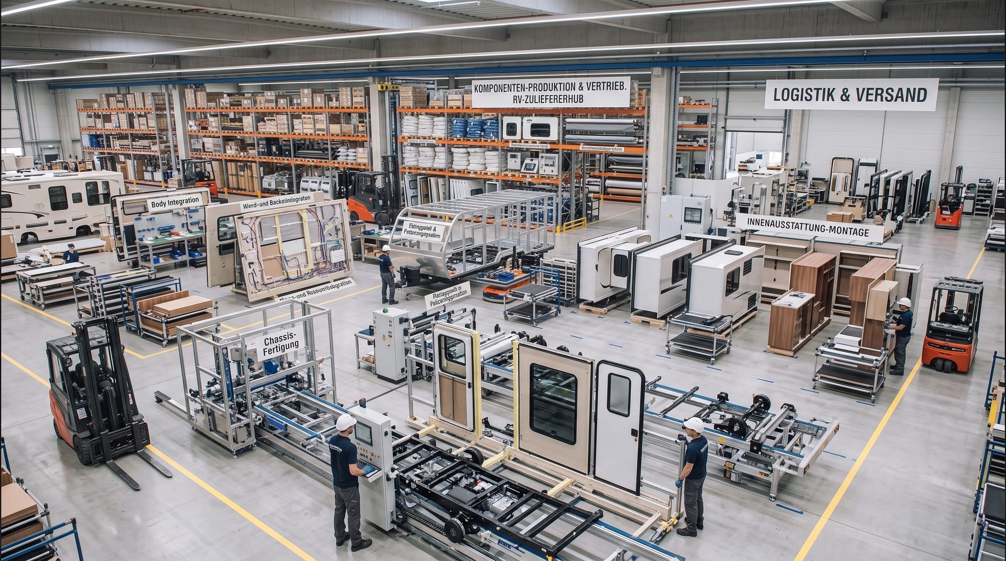 Große Fertigungshalle eines RV-Zulieferers mit Chassis-Fertigung, Innenausstattungs-Montage sowie Logistik- und Versandbereich.