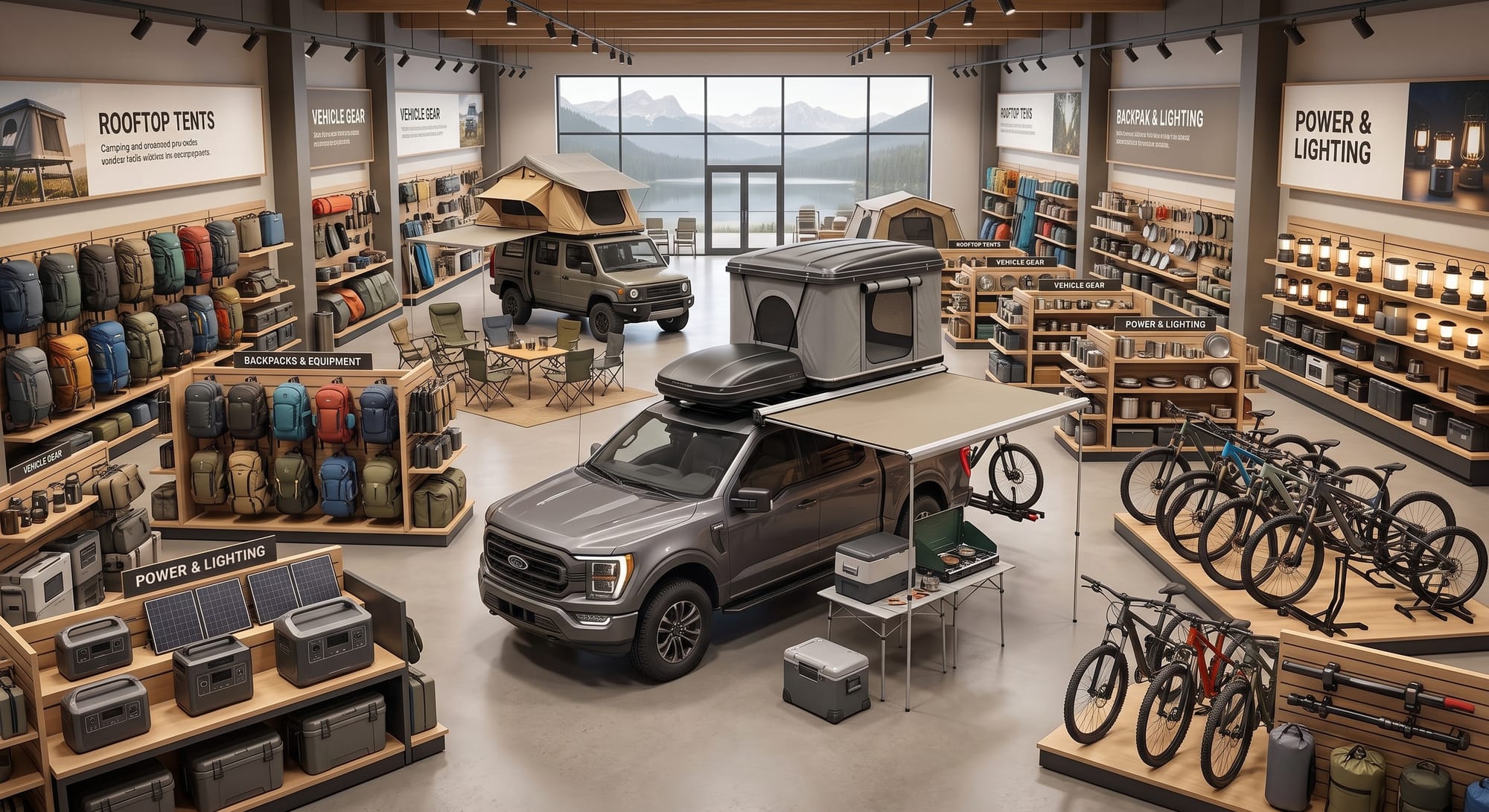 Großer Outdoor- und Camping-Fachhandel mit Dachzelten, Rucksäcken, Fahrrädern, Kühlboxen und Powerstations rund um einen ausgestatteten Pick-up.