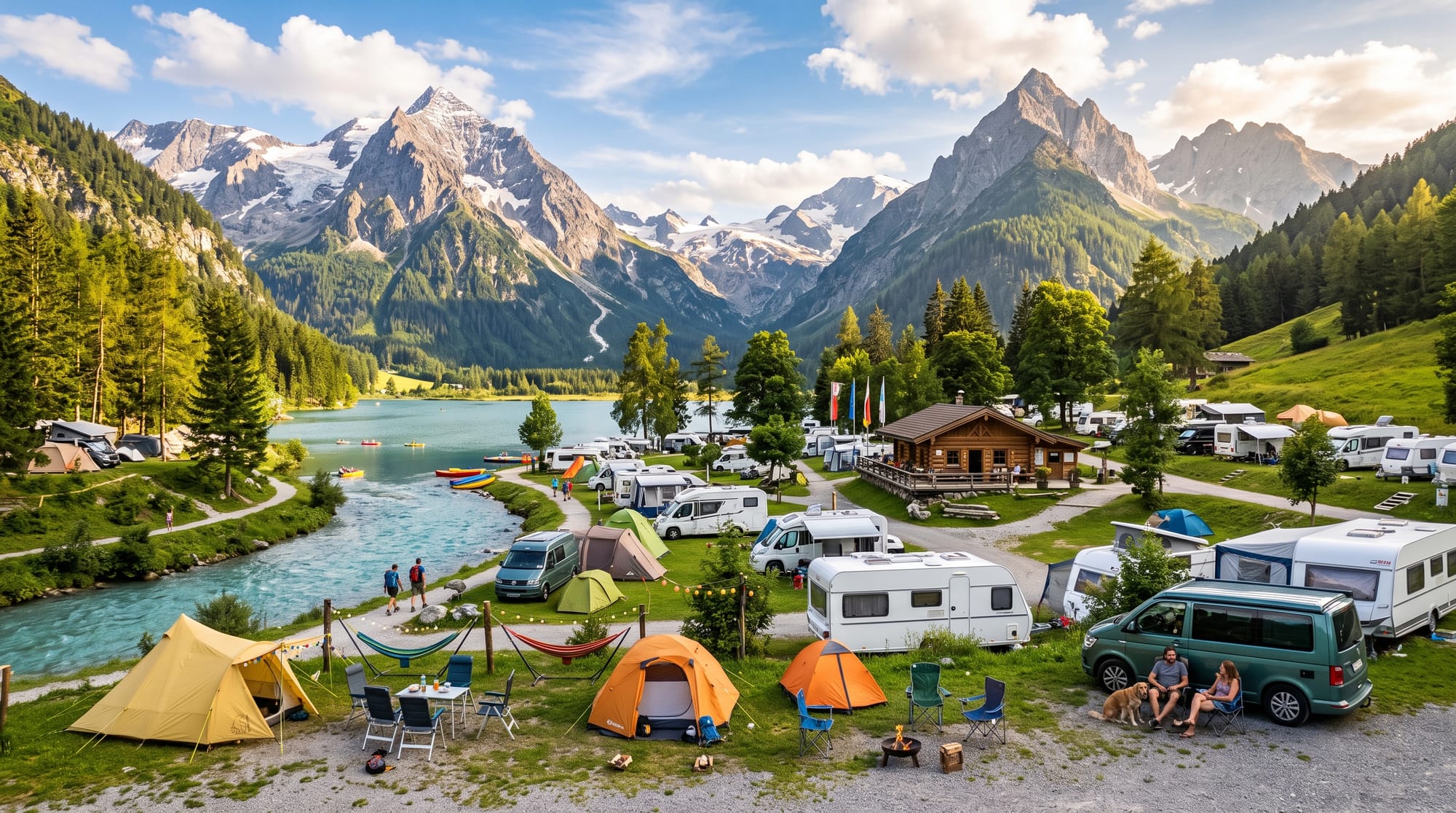Campingplatz mit Wohnmobilen, Wohnwagen und Zelten an einem türkisfarbenen See vor einer Bergkulisse.
