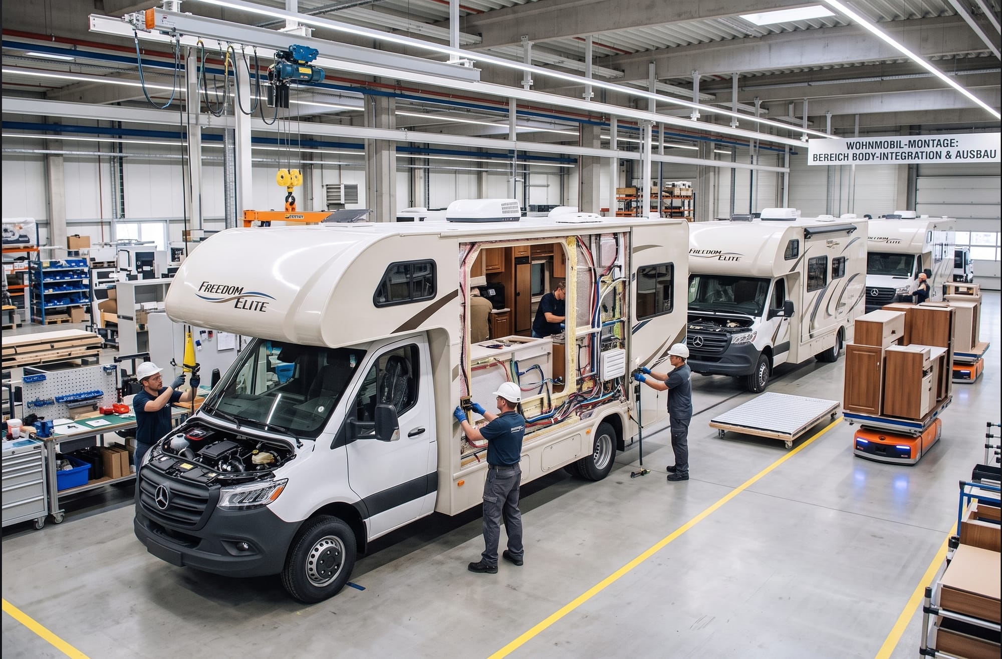 Wohnmobil-Montagehalle, in der Arbeiter an mehreren Reisemobilen auf Mercedes-Sprinter-Basis den Aufbau und die Innenverkabelung montieren.