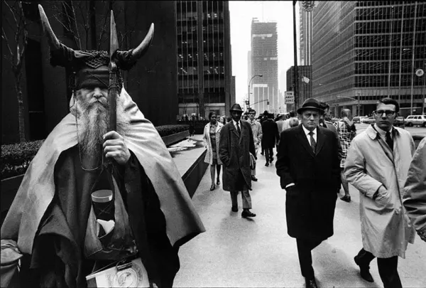 Street performer Moondog in homemade Viking gear. 