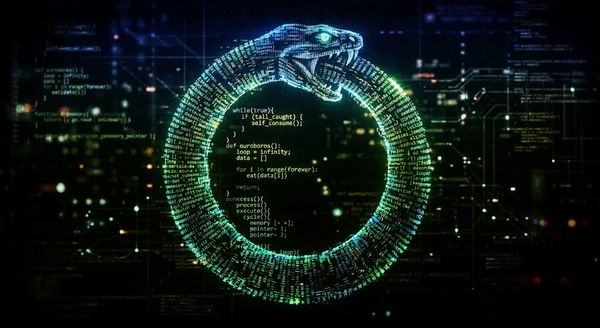 An ouroboros (snake) made of computer code consumes its own tail. 