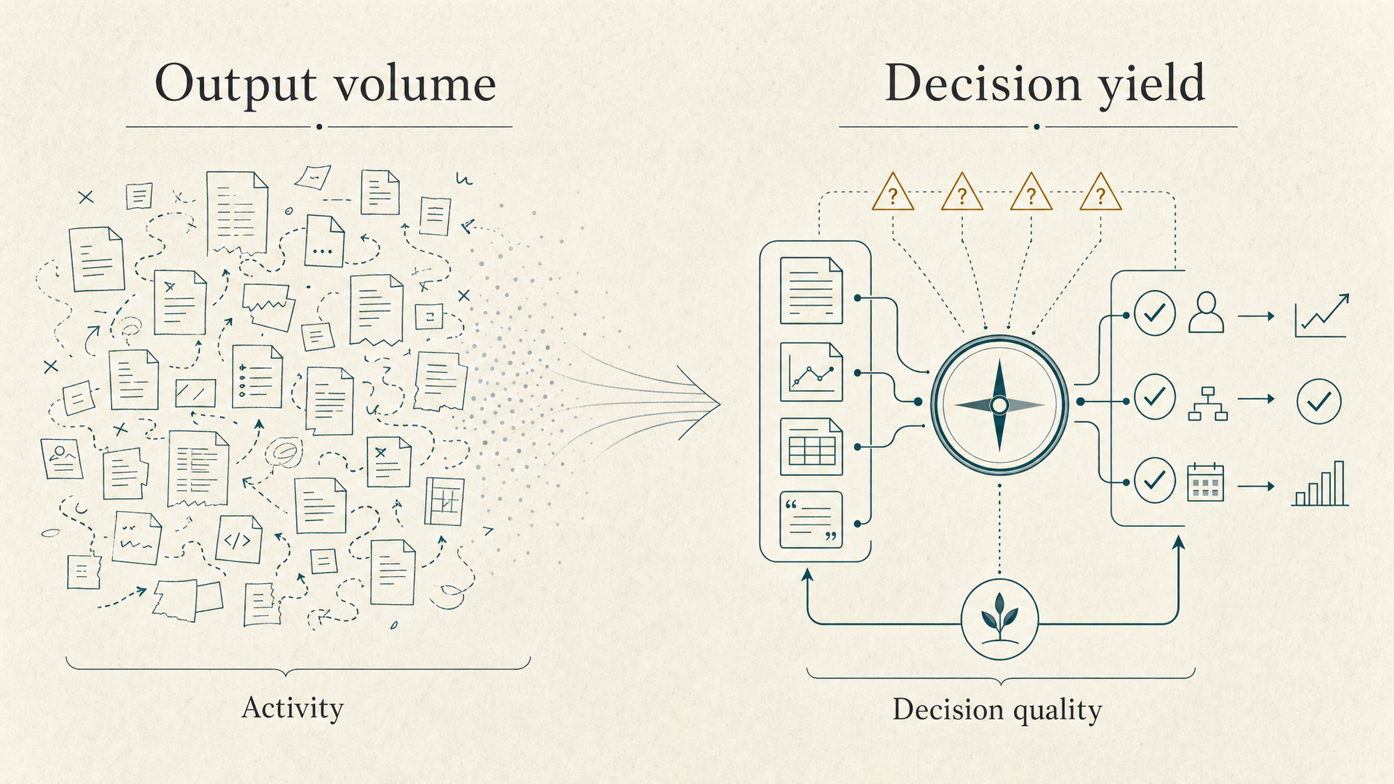 Comparison diagram showing output volume as busy activity and decision yield as a cleaner loop from evidence to decision quality.