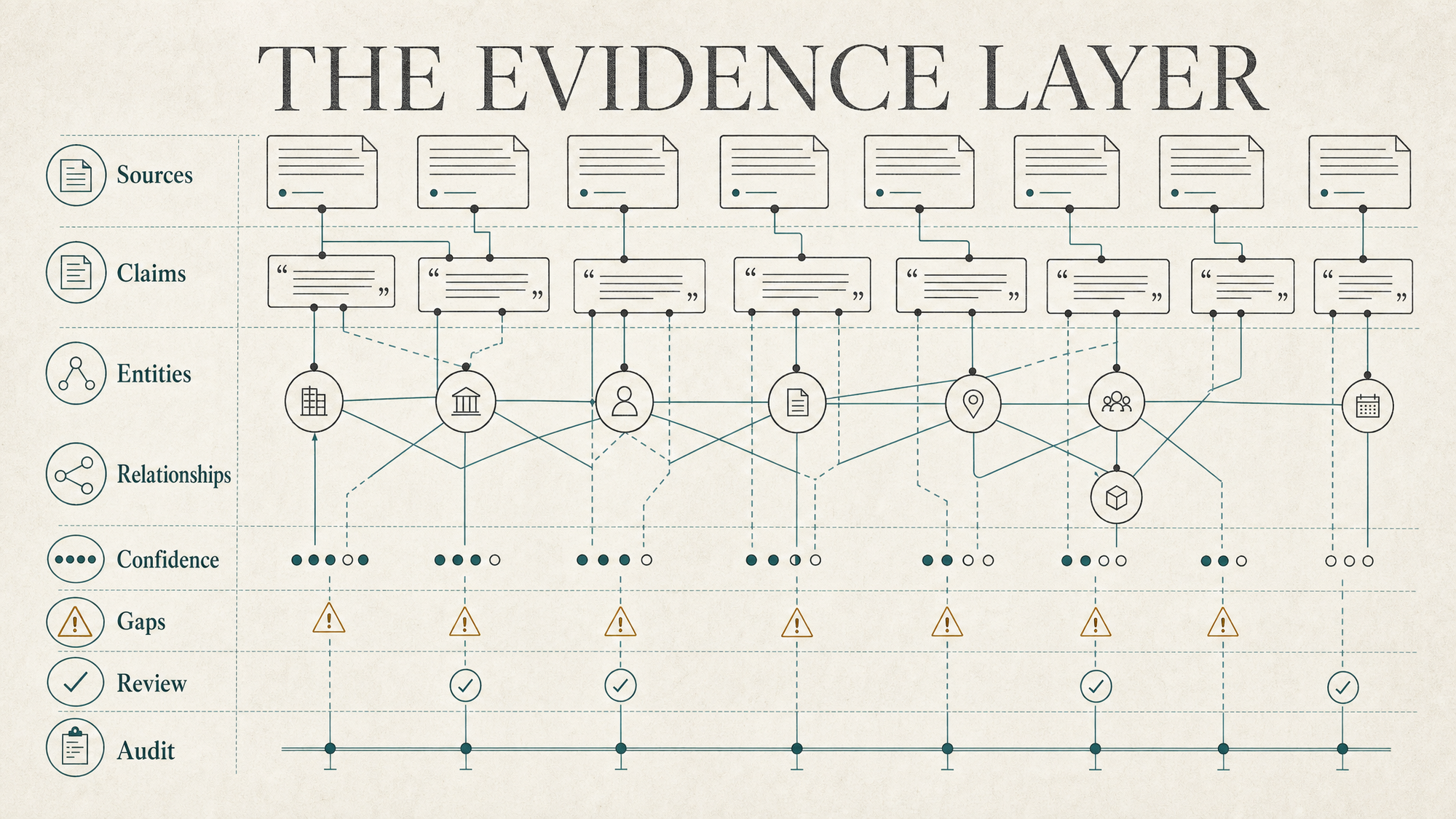 Editorial systems diagram showing sources, claims, entities, relationships, confidence, gaps, review, and audit moving through an evidence layer.