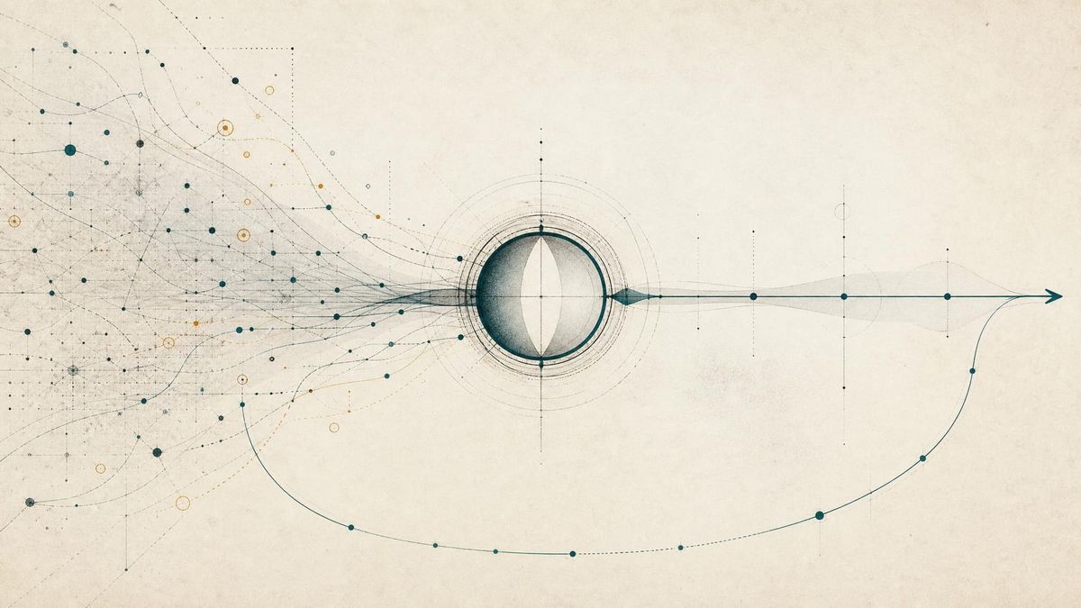 Abstract decision-yield system map showing evidence traces flowing through a central decision aperture into action and learning.